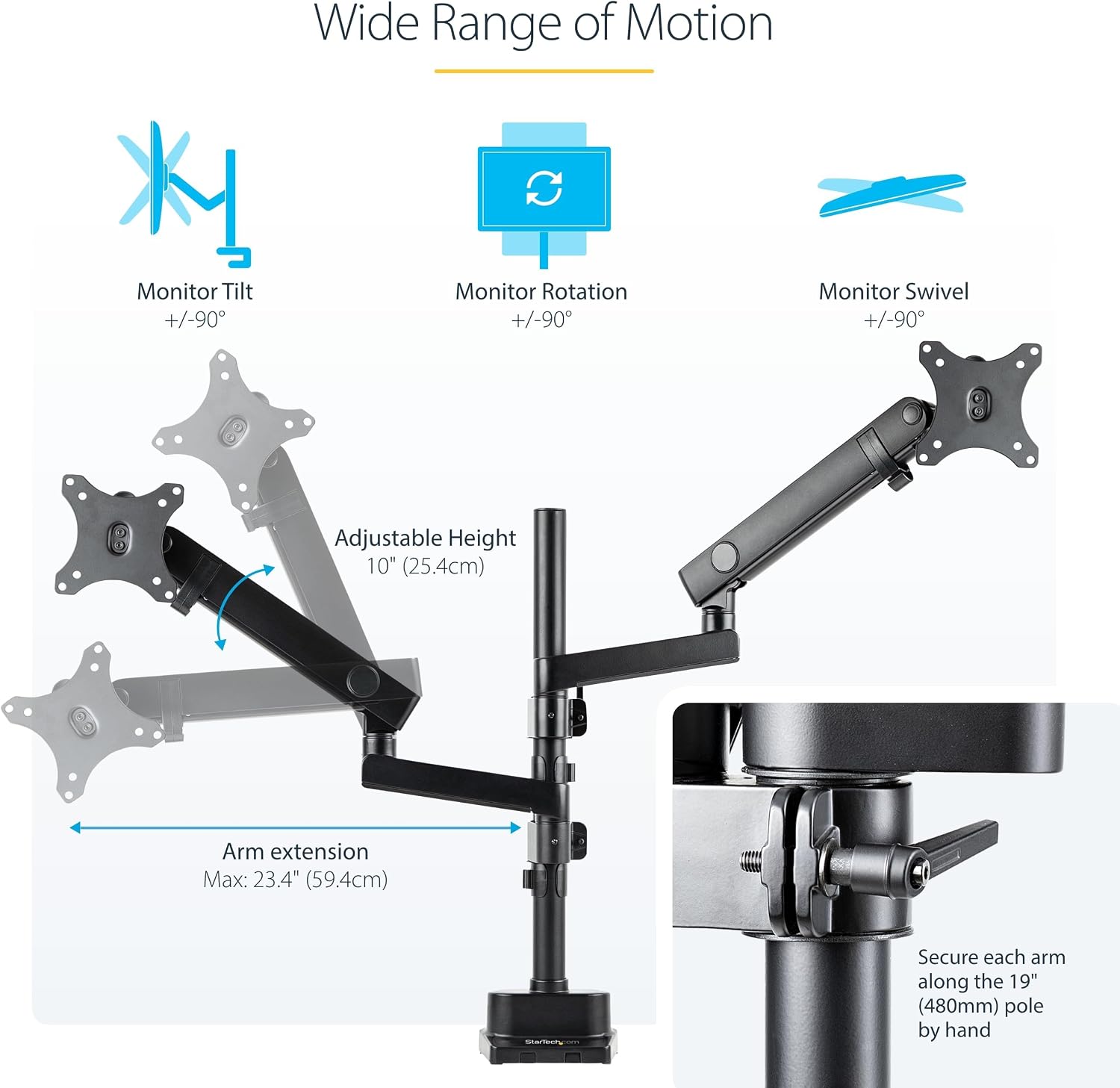 StarTech.com Desk Mount Dual Monitor Arm, Height Adjustable Mount for 2X VESA Displays up to 32' (17.6lb/8kg), Mechanical Spring