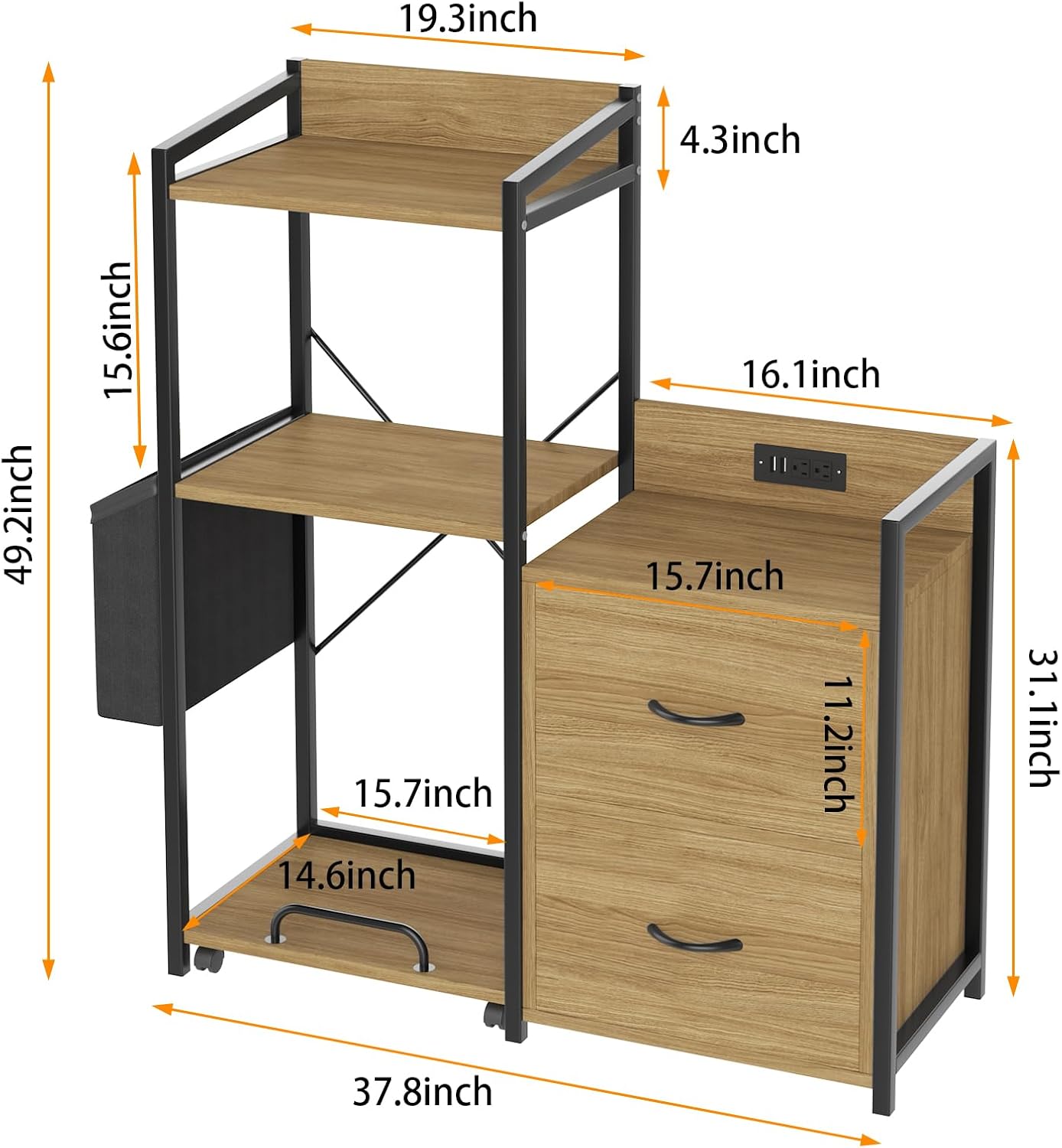 Tall Printer Stand with Storage Shelf and Bag,Filing cabinet,Lateral Office Filing Cabinets with Power Outlets & USB Charging Port, Shredder Stand w/Wheels,Suitable for 3D Shredder Scanner Fax