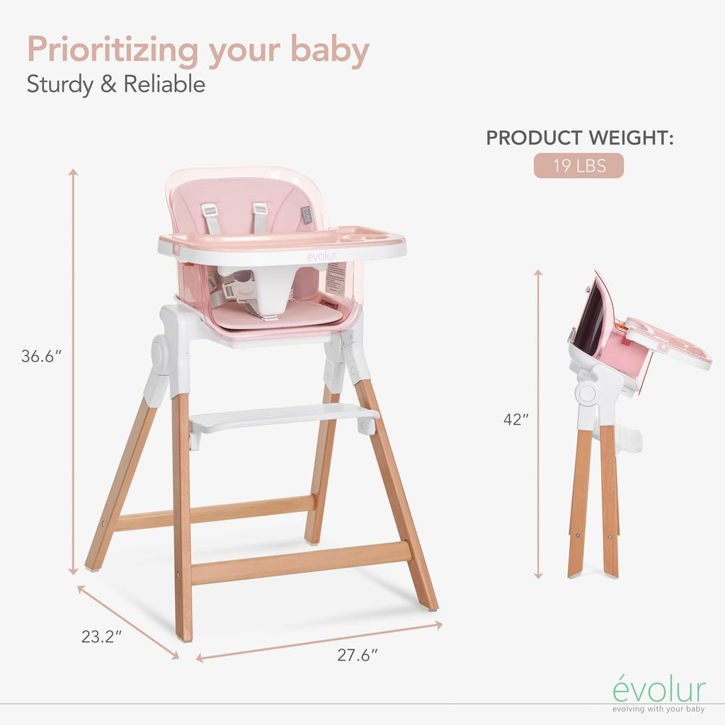 Evolur Tiny Throne 3-in-1 Convertible High Chair, Removable & Dishwasher Safe Tray, Converts to Booster Seat & Adult Stool, Easy-to-Clean Feeding Solution – Grapefruit Pink