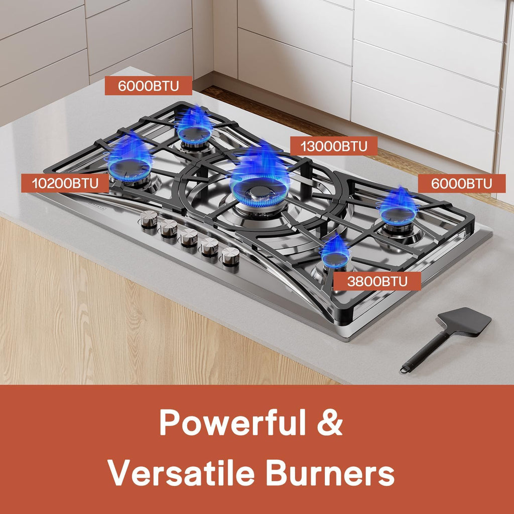 Empava 36 in. Gas Stove Cooktop with 5 Italy Sabaf Sealed Burners NG/LPG Convertible in Stainless Steel EMPV-36GC22