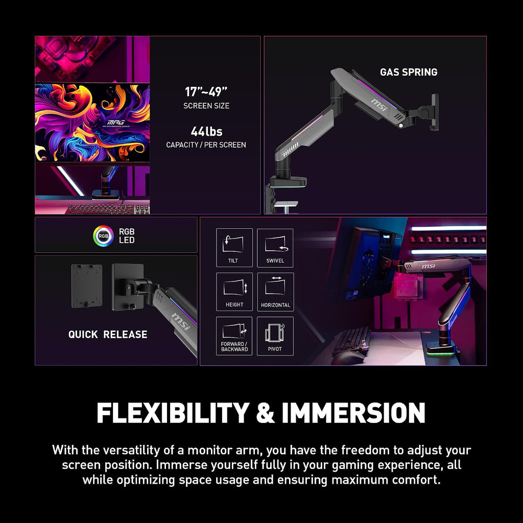 MSI MPG MT201R - Premium RGB Single Monitor Stand Arm, Supports 17-49' Screens and 44 lbs, VESA Compatible, Adjustable Heavy Duty Gas Spring Mount, Clamp & Grommet, Quick Release Plate - Gray