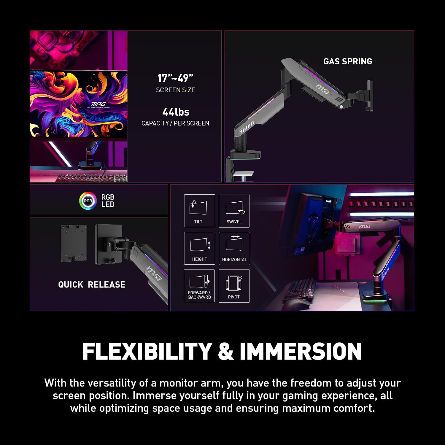MSI MPG MT201R - Premium RGB Single Monitor Stand Arm, Supports 17-49' Screens and 44 lbs, VESA Compatible, Adjustable Heavy Duty Gas Spring Mount, Clamp & Grommet, Quick Release Plate - Gray
