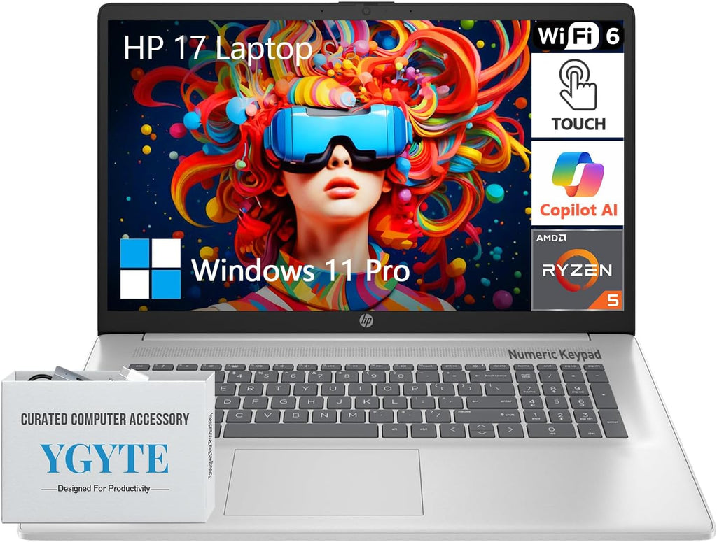 HP 17.3' Touchscreen Laptop PC Computer, 17 Inch HD+ Touch Screen Business Laptop Notebook, Windows 11 Pro, AMD Ryzen 5, 64GB RAM 2TB SSD, 10-Key Number Pad