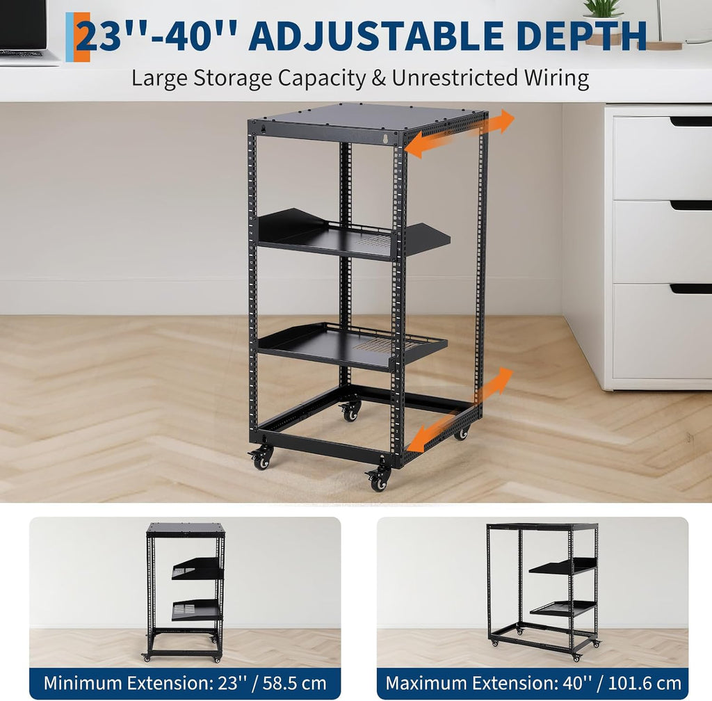 20U Open Frame Network Rack, Heavy Duty Steel Server Rack Shelf,Support Wall Mount and Floor Standing Use for IT Equipment and AV Gear, Adjustable Height 22-40in