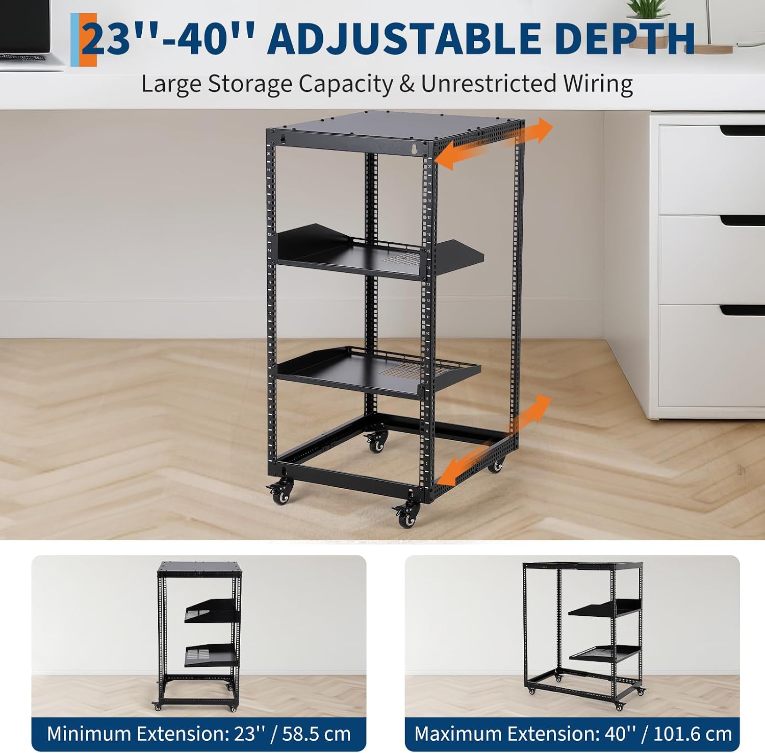 20U Open Frame Network Rack, Heavy Duty Steel Server Rack Shelf,Support Wall Mount and Floor Standing Use for IT Equipment and AV Gear, Adjustable Height 22-40in