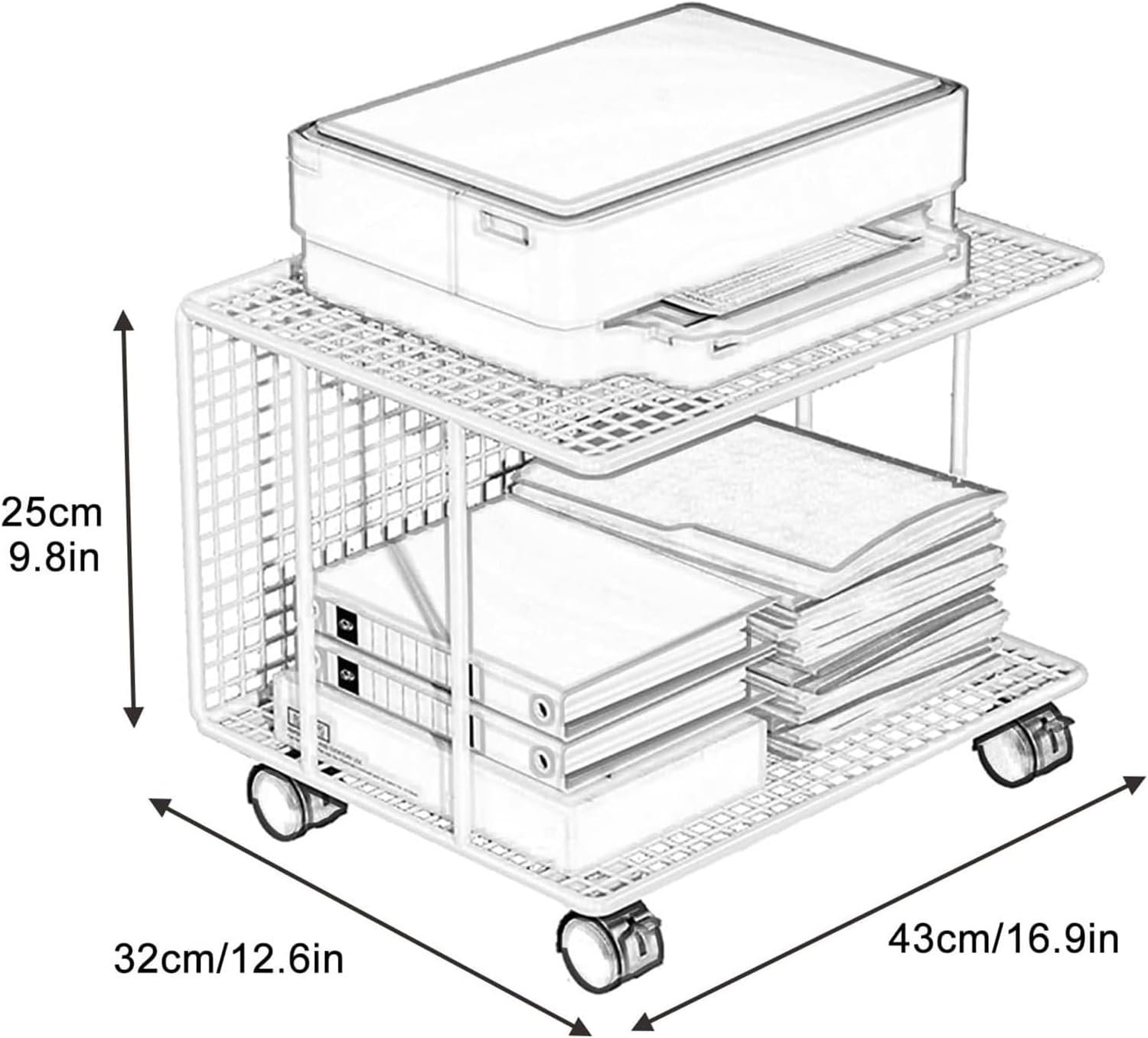 Printer Shelf,2-Tier Printer Stand Printer Cart, Under Desk Printer Shelf, Metal Printer Table with 360° Lockable Wheels, Storage Rack for 3D & Laser Printer, Scanner, Heat Press(Black,43x32x25cm)