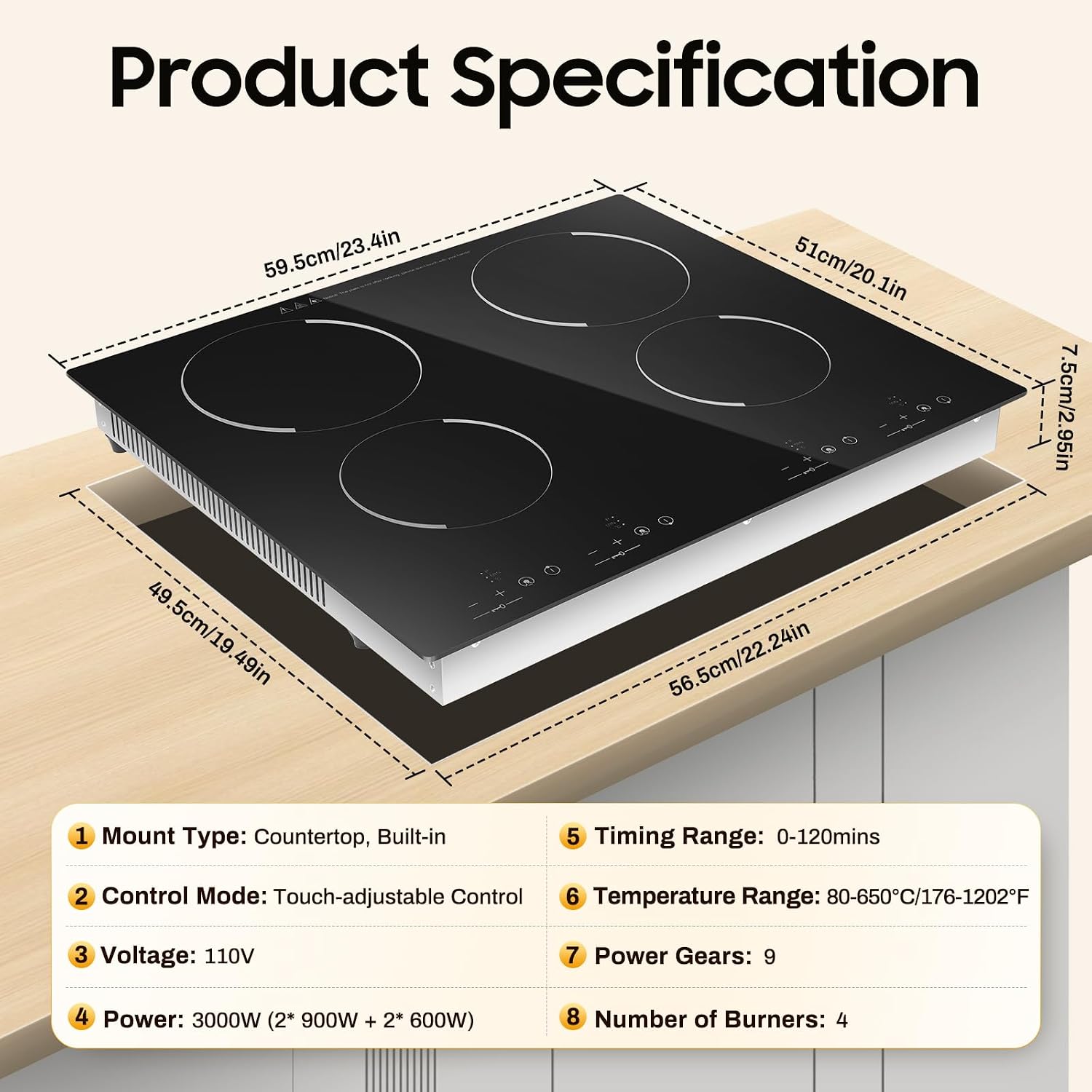 Electric Ceramic Cooktop with 4 Burners, 4-Head Induction Cooker, Countertop & Built-In Ceramic Cooktop, Electric Stove Top with 9 Power Gears, Touch-Adjustable Control, Child Safety Lock