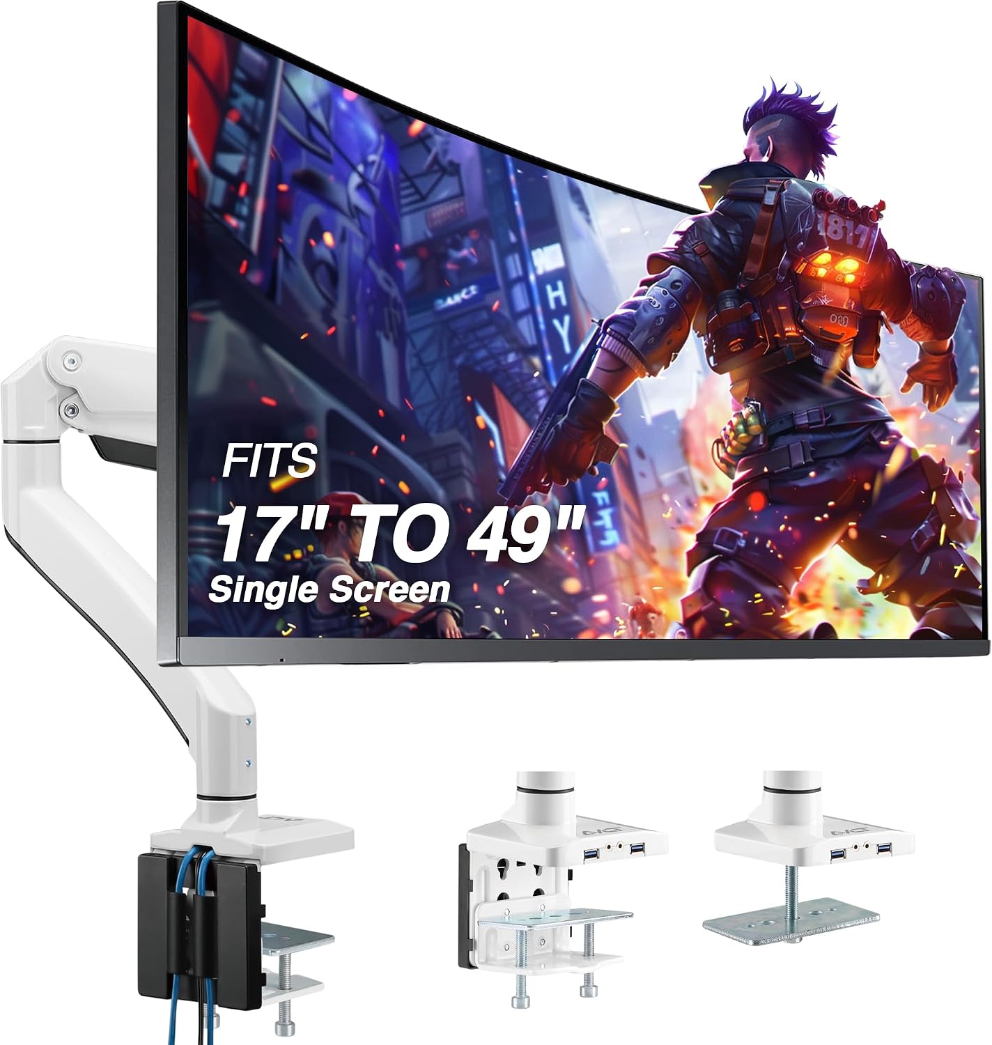 AVLT Single 17'-49' Super Ultrawide Monitor Arm for Screens Up to 50 lbs, Premium Aluminum Desk Stand, Adjustable Pneumatic Height, Full Motion Swivel Tilt Rotation, USB 3.0 & AUX Ports, White