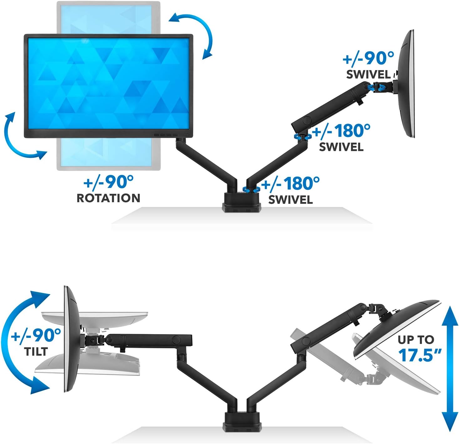 Mount-It! Dual Monitor Arm Mount Desk Stand | Premium Quality | Articulating Mechanical Spring Height Adjustable | Fits Two 24 27 29 30 32 Inch VESA 75 100 Compatible Screens | C-Clamp and Grommet