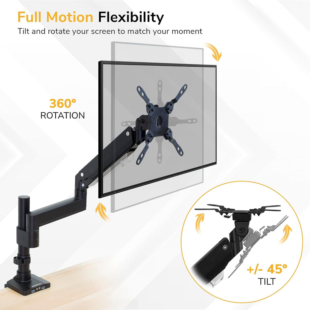 Mount-It! Ultrawide Monitor Arm, Heavy-Duty Gas Spring Desk Mount for 17–35' Curved Screens up to 33 lbs, Full Motion Height Adjustable Monitor Arm with USB 3.0 & Audio Ports, VESA 75/100/200