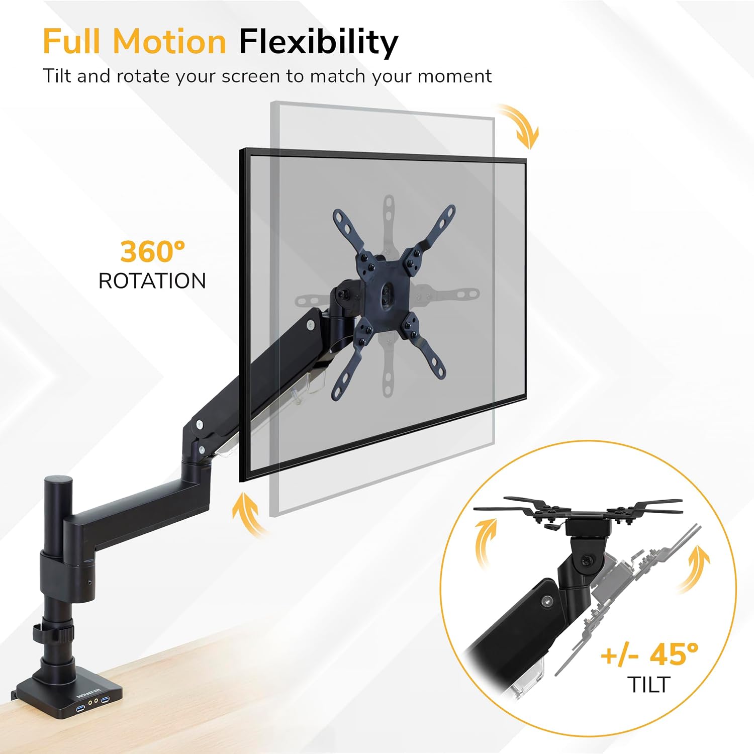 Mount-It! Ultrawide Monitor Arm, Heavy-Duty Gas Spring Desk Mount for 17–35' Curved Screens up to 33 lbs, Full Motion Height Adjustable Monitor Arm with USB 3.0 & Audio Ports, VESA 75/100/200