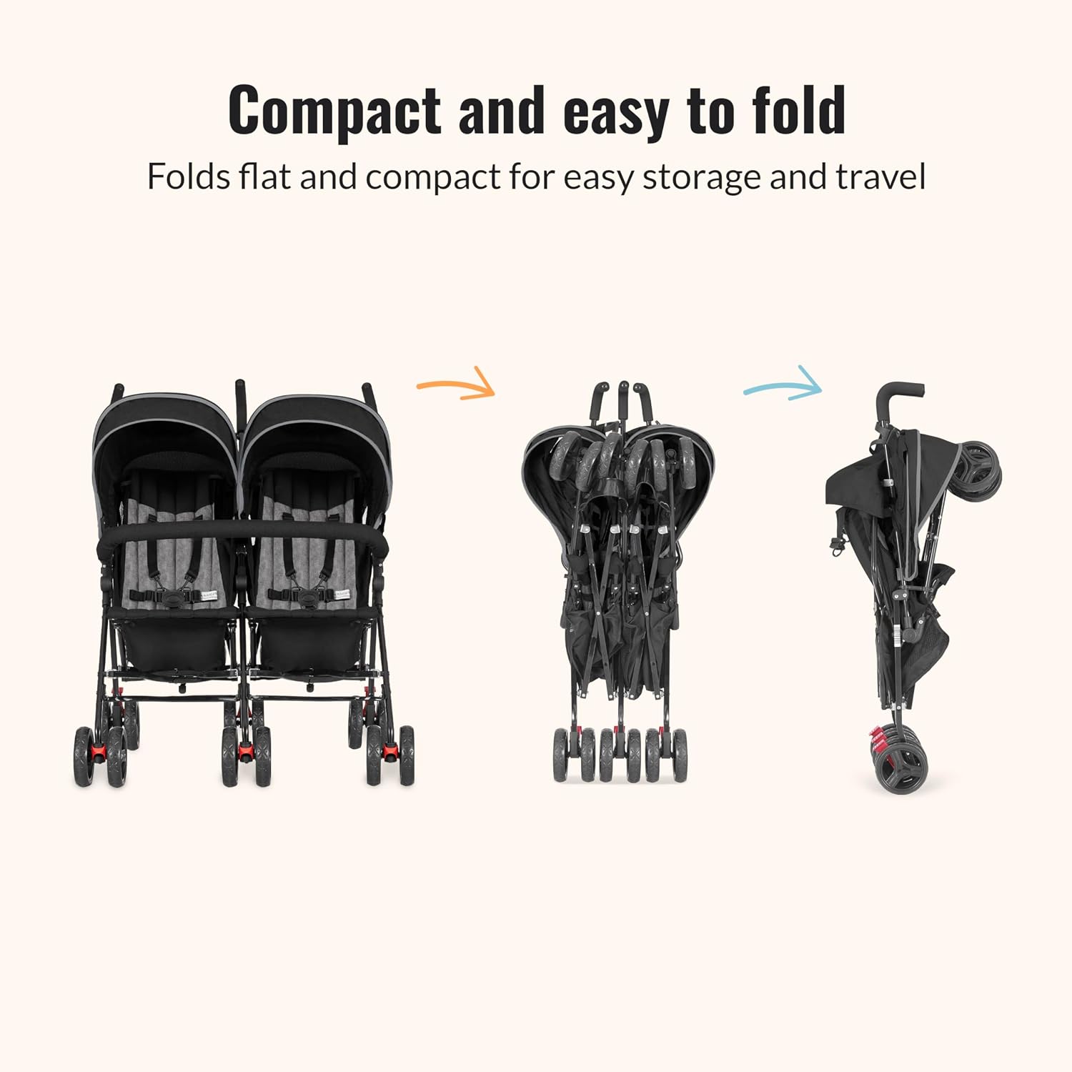 Dream On Me Volgo Twin Baby Stroller, Lightweight Side-by-Side Double Umbrella Stroller with Adjustable Canopy, 5-Point Harness, Storage Basket & Travel-Friendly Fold – Black