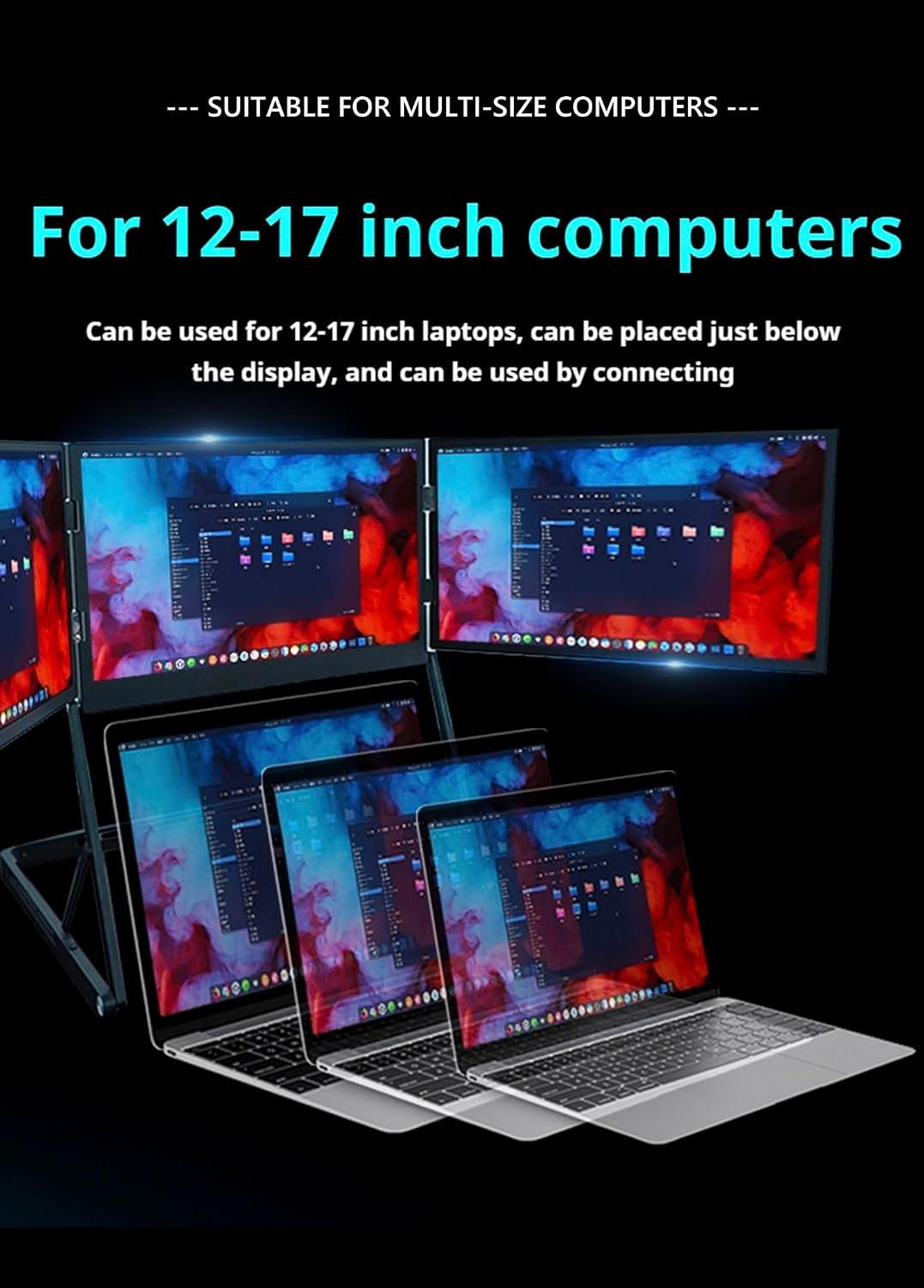 Laptop Screen Extender Triple Monitor Mount Stand Triple Screen Laptop Monitor Extender, Portable 3 Screen Display with Single USB-C, Foldable Aluminum Multi-Monitors for Office (1 Set)
