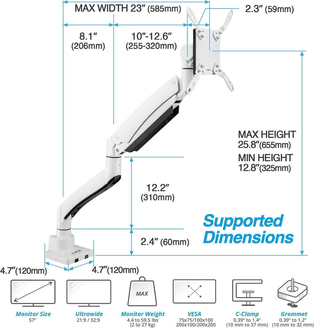 AVLT Single 17'-57' Super Ultrawide Monitor Arm for Screens Up to 59.5 lbs, Premium Aluminum Desk Stand, Adjustable Pneumatic Height, Full Motion Swivel Tilt Rotation, USB-C&A Ports, White