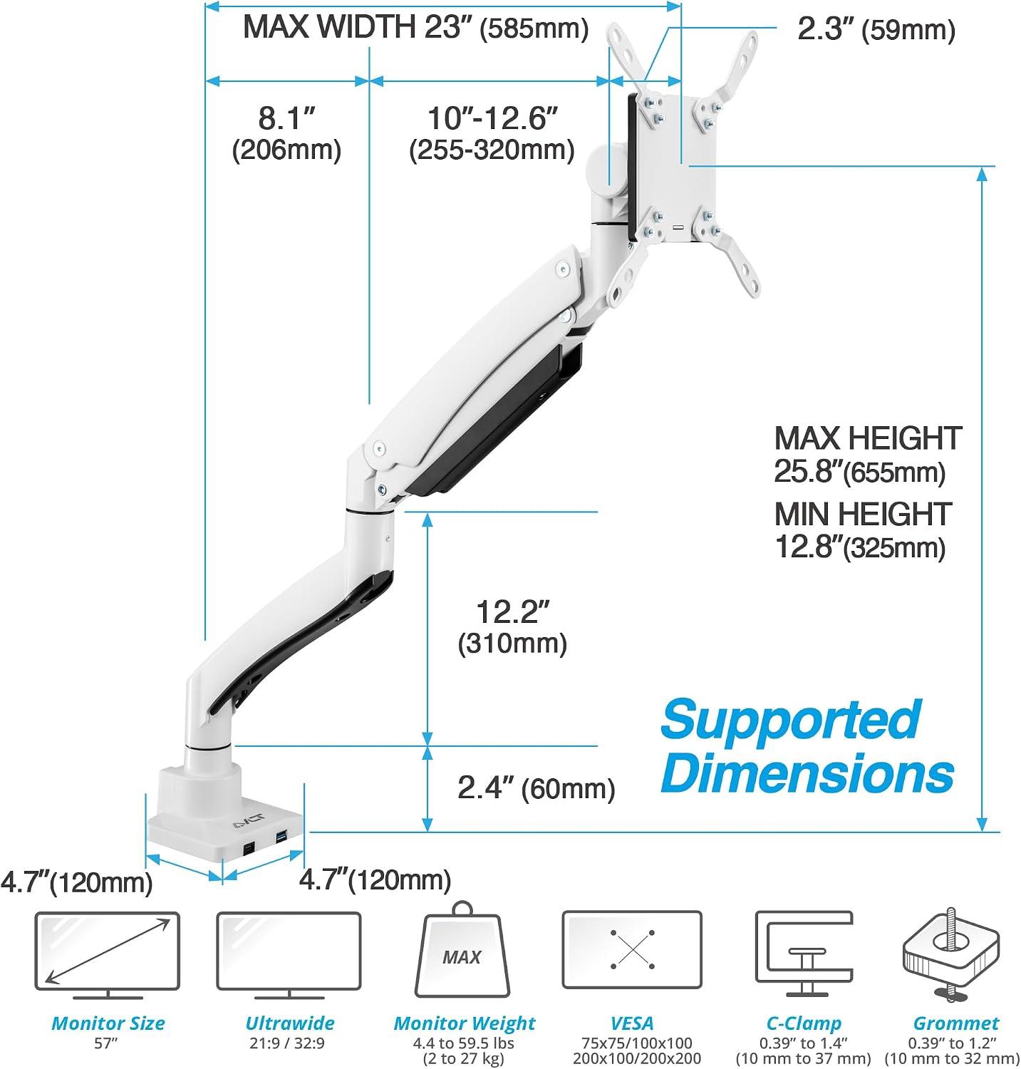 AVLT Single 17'-57' Super Ultrawide Monitor Arm for Screens Up to 59.5 lbs, Premium Aluminum Desk Stand, Adjustable Pneumatic Height, Full Motion Swivel Tilt Rotation, USB-C&A Ports, White