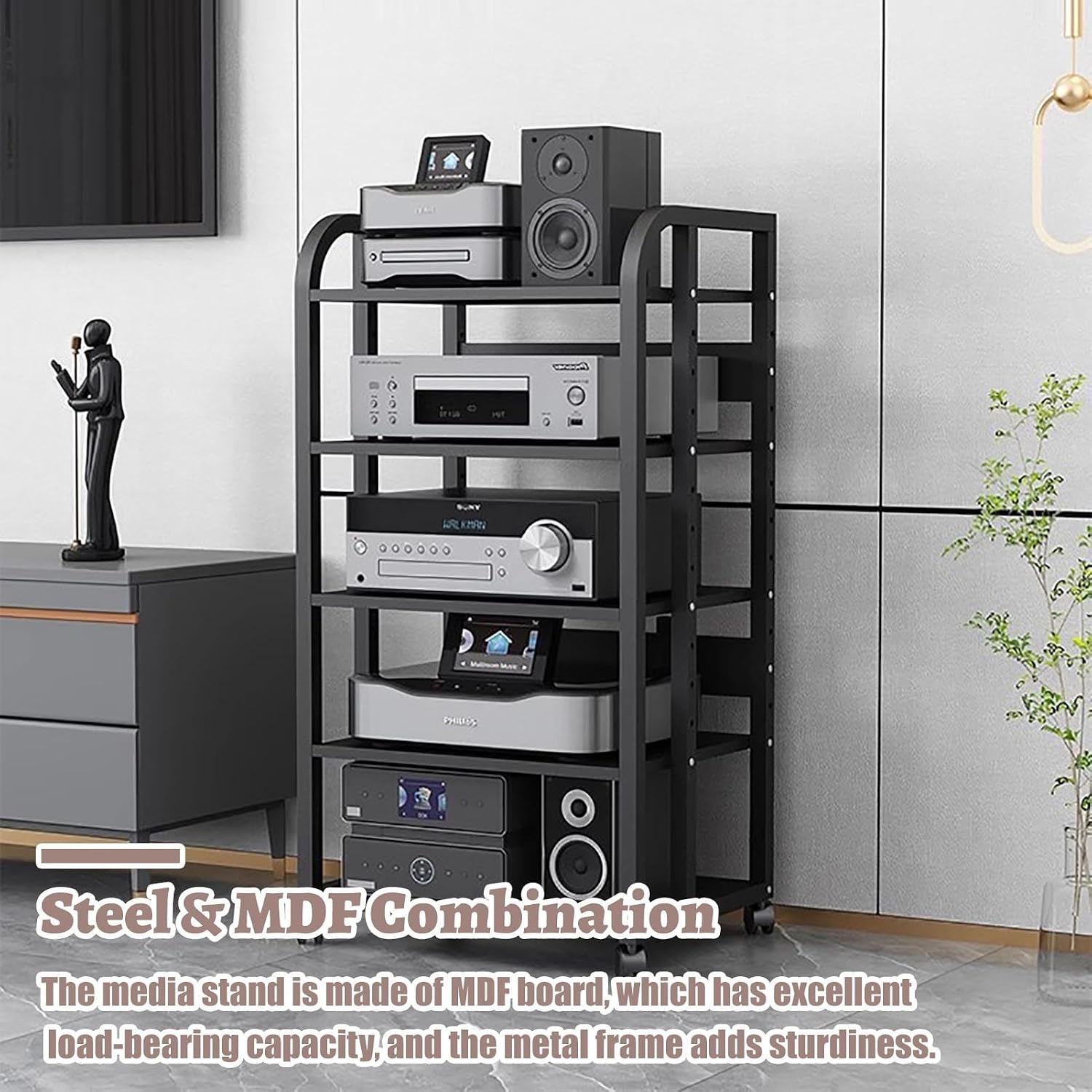 Record Player Audio Cabinet with Drawers & Sliding Wheel, Audio Rack Shelf Organizer for Onkyo Receiver, Equipment Console, Av Component Stand(B,Large)