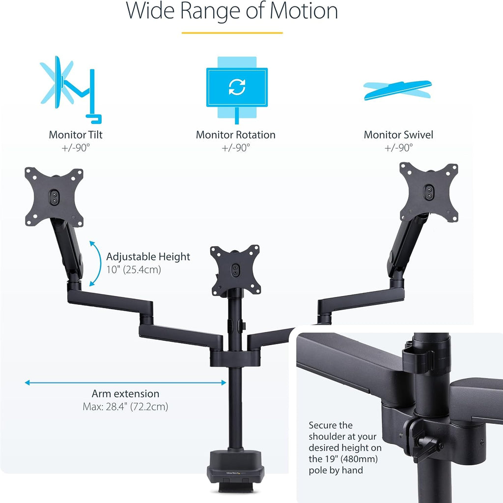 StarTech.com Desk Mount Triple Monitor Arm for Up to Three 27in Screens, VESA 75x75/100x100, Mechanical Spring Arm