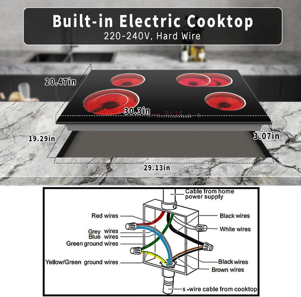 30 Inch Electric Cooktop 4 Burners with Slide Control, 6600W Built-in Radiant Electric Cooktop, 9 Power Levels, Hot Warning, 220V Hard Wire(No Plug)