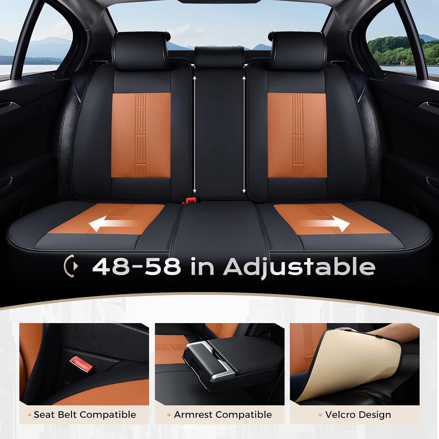 Coverado Car Seat Covers Full Set, Front Seat Covers with Lumbar Support and Back Seat Cover Waterproof Leather Automotive Seat Cover, Universal Car Interior Protectors Cushion for Most Cars