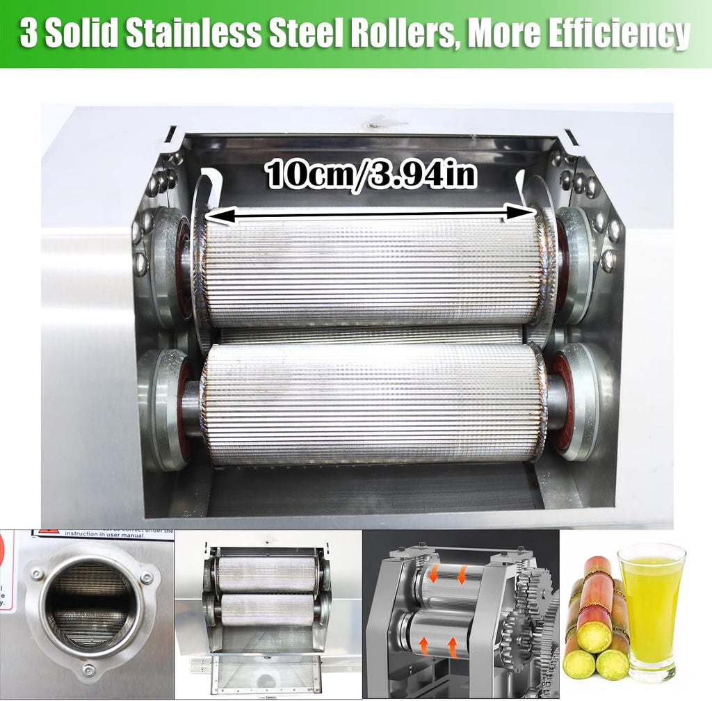 Manual Sugarcane Juicer - Stainless Steel 3-Roller Commercial Juice Extractor, 2.4in Inlet, 330lbs/h Output, Sugar Cane Press Machine, Sugarcane Juice Squeezer for Home and Business