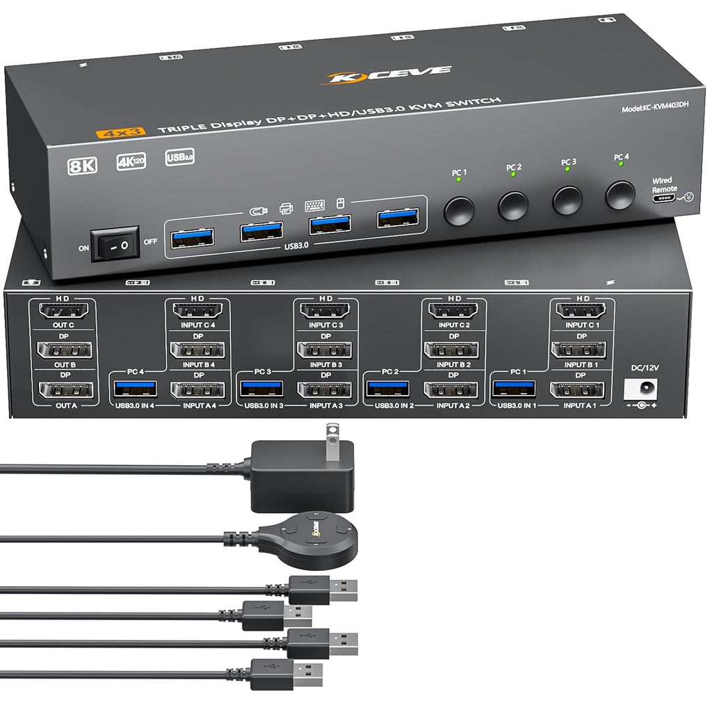 HDMI+2 Displayport KVM Switch 3 Monitors 4 Computers 8K@60Hz 4K@144Hz,4 Port KVM Switches Triple Monitor Share 3 Display and 4 USB3.0 Ports Support Extended/Mirror Mode.
