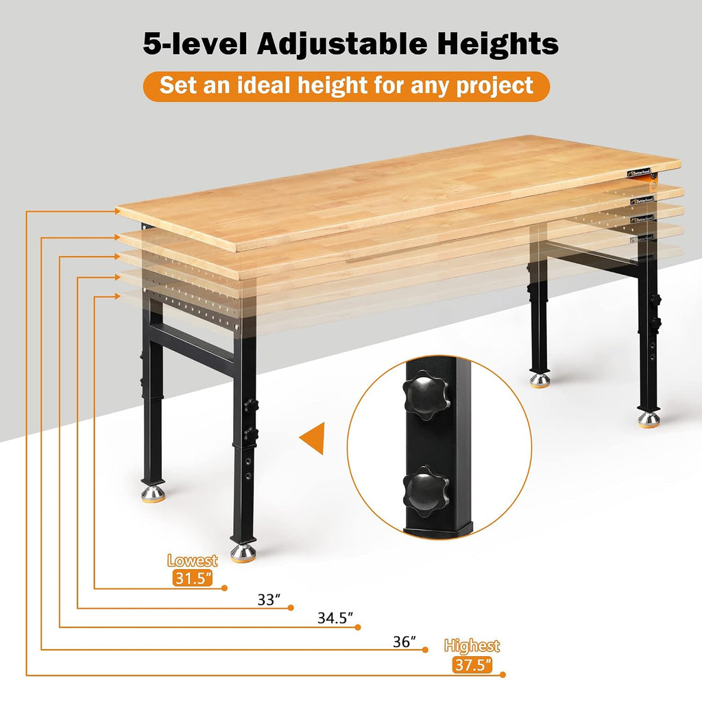 Betterhood 60' Heavy-Duty Adjustable Workbench for Garage, Rubber Wood Shop Table W/Double Pegboards & Drawer,Hardwood Workstation Weight Capacity Over 2000 Lbs