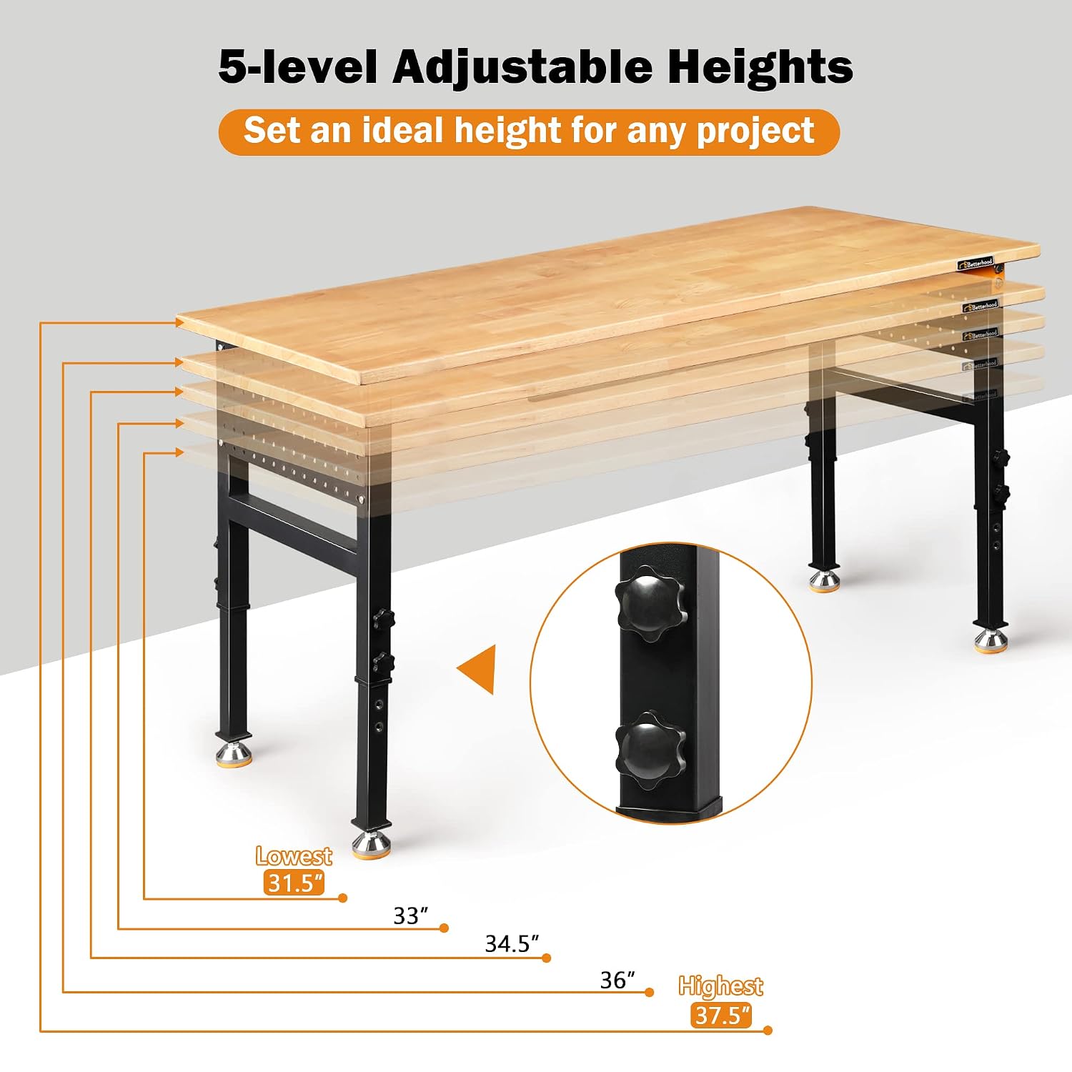 Betterhood 60' Heavy-Duty Adjustable Workbench for Garage, Rubber Wood Shop Table W/Double Pegboards & Drawer,Hardwood Workstation Weight Capacity Over 2000 Lbs