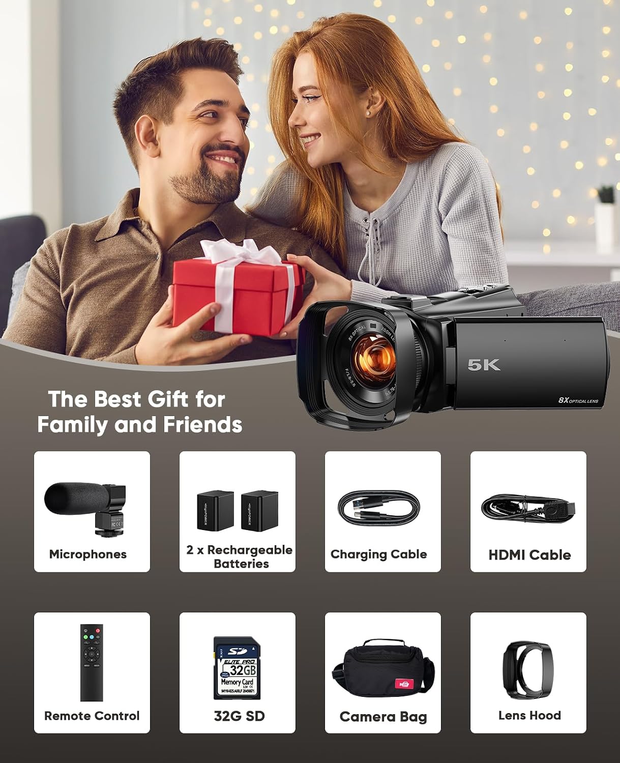 5K Video Camera Camcorder 8X Opitical Zoom Live Streaming Cameras 64MP WiFi Autofocus Vlogging Camera for Youtube with Full-color Night Vision, 3.6'' 270° IPS Touchscreen 32GB Card Video Recorder