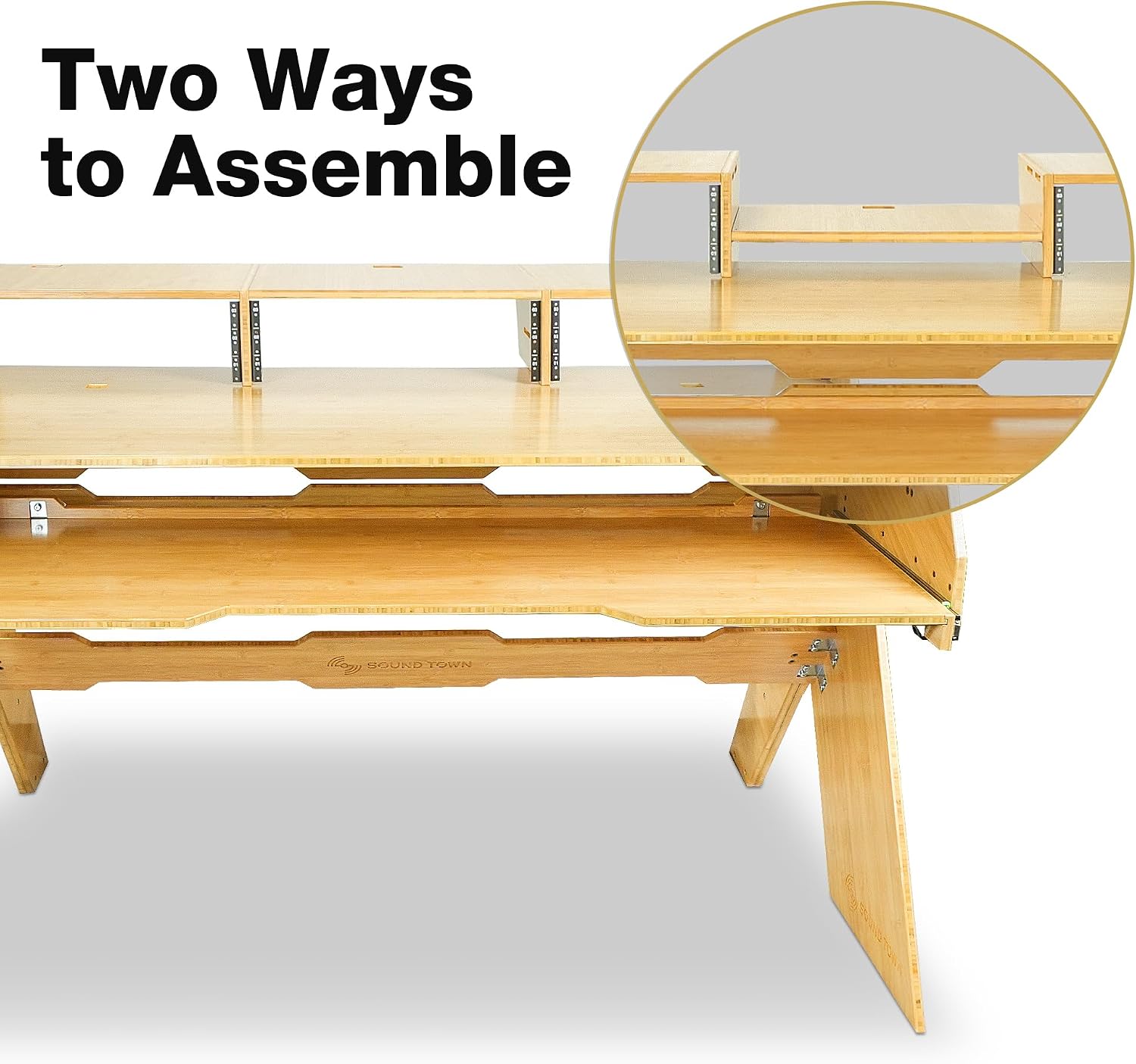 Sound Town Studio Workstation Desk with 3 x 3U Rack Bays, Adjustable Top Shelf, Slide-Out Controller Keyboard Tray, Solid Carbonized Bamboo (SDRK-PF60CB)