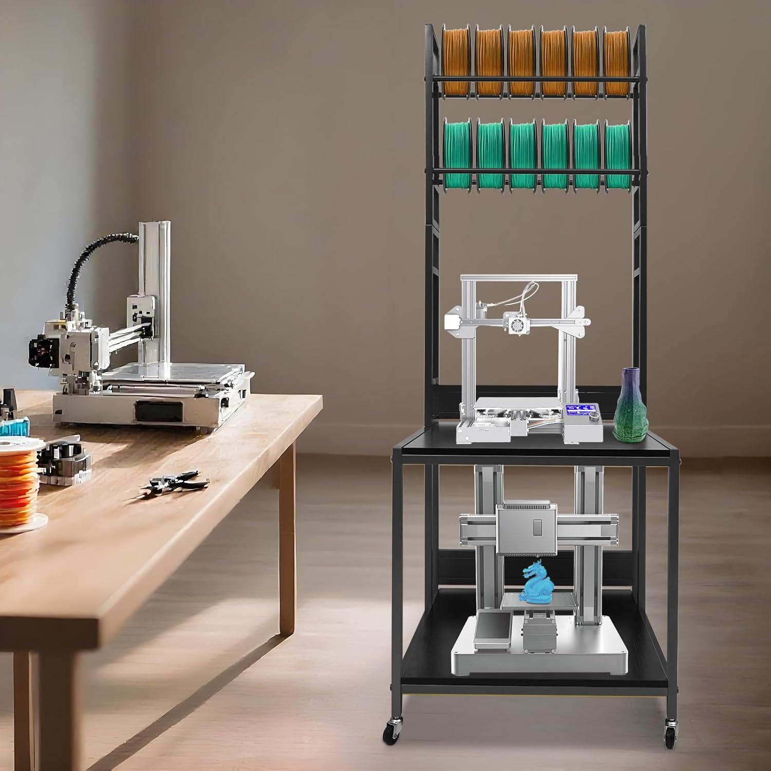 3D Printer Stand with Double Layer, 3D Printer Filament Storage Rack, Heavy Duty Mobile Printer Table with Wheels for Studio Office Storage and Organization (Black)