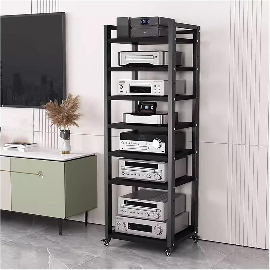 Tall Stereo Racks And Stands on Wheels Media Storage Cabinet Rack, Black Modern Entertainment Stereo Components Stand, Audio Video Equipment Rack（7 tier-60cm wide）
