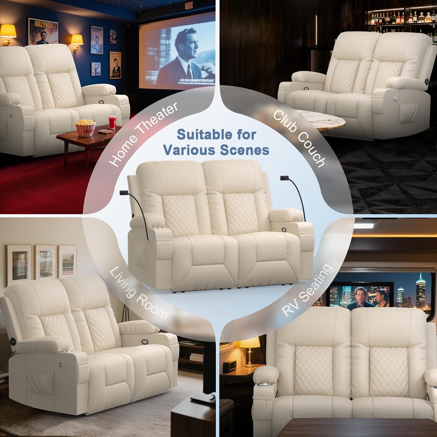 Loveseat Recliner Sofa, Home Theater Seating with Storage & Pocket, Reclining Loveseat Sofa with USB Ports & Phone Holders, Wall Hugger Recliner RV Couch Furniture