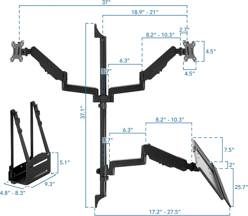 Mount-It! Dual Monitor Arm Wall Mount Workstation with Keyboard Tray & CPU Holder, Height Adjustable Gas Spring Full Motion Computer Station, Fits 17–32' VESA 75x75 100x100, Black