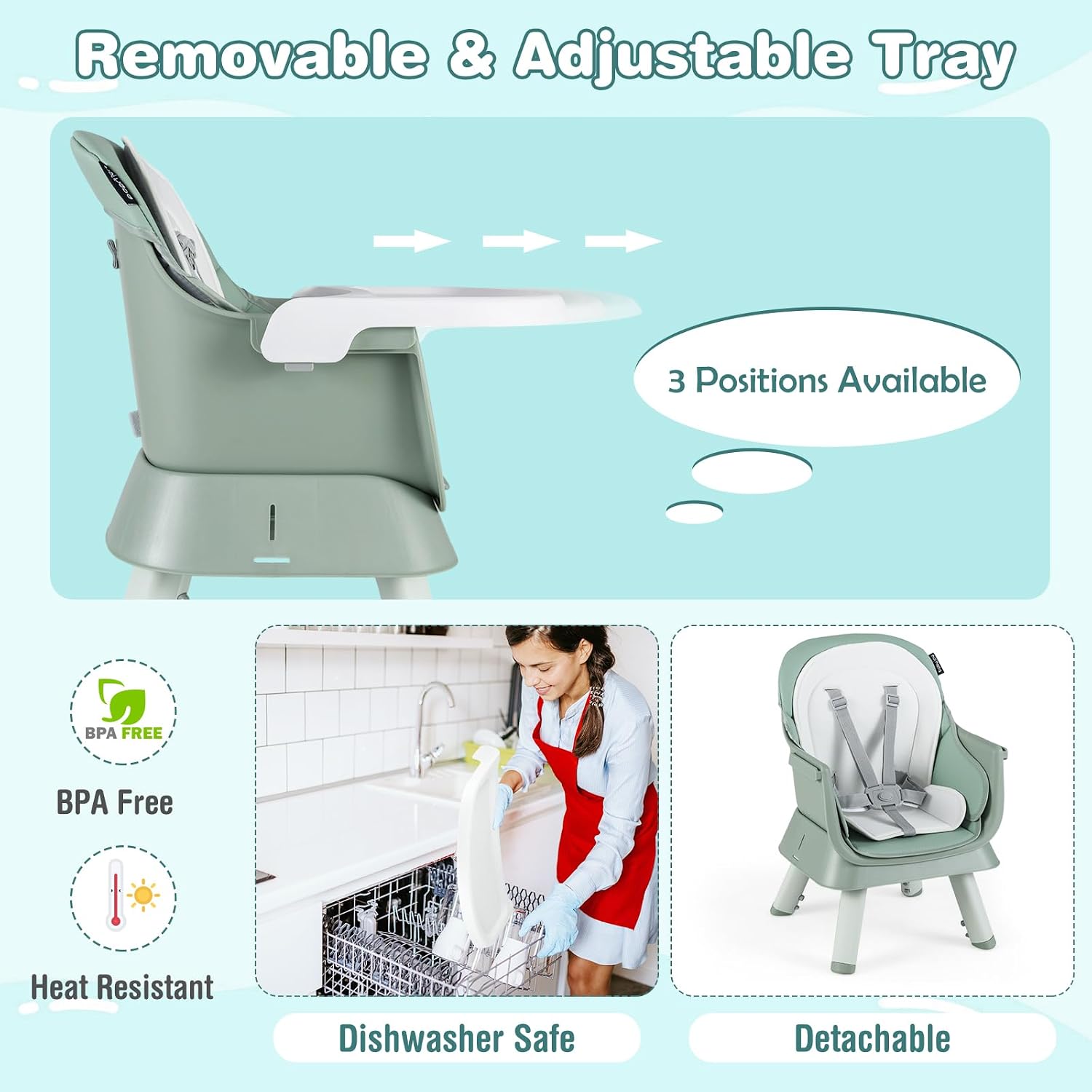 HONEY JOY 8 in 1 Baby High Chair, Convertible Highchair for Babies and Toddlers/Table and Chair Set/Building Block Table/Booster Seat/Stool/Toddler Chair with Safety Harness (Green)