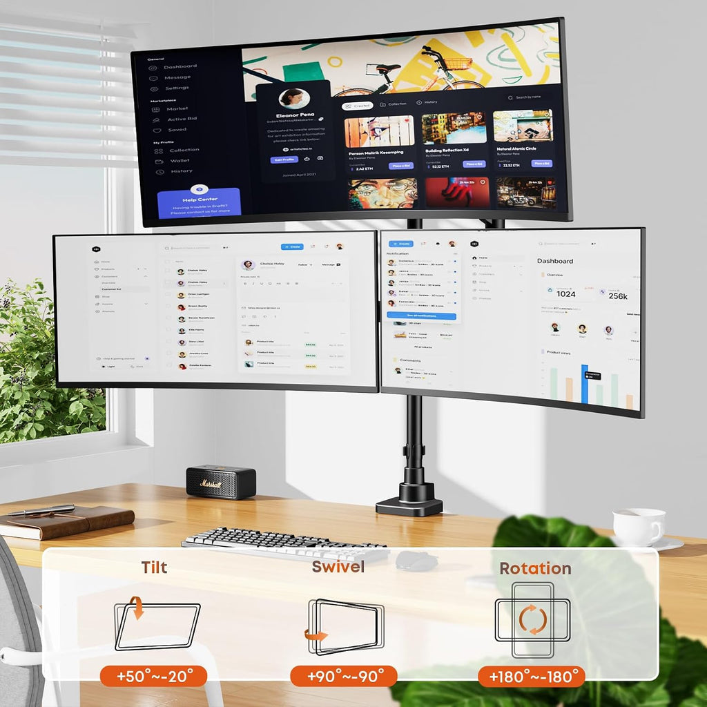 Triple Monitor Mount for up to 49-inch Screens - Heavy Duty Triple Monitor Arm Desk Mount for Ultrawide Monitors Max Load 44lbs per Screen, VESA 75x75 / 100x100 mm, Black