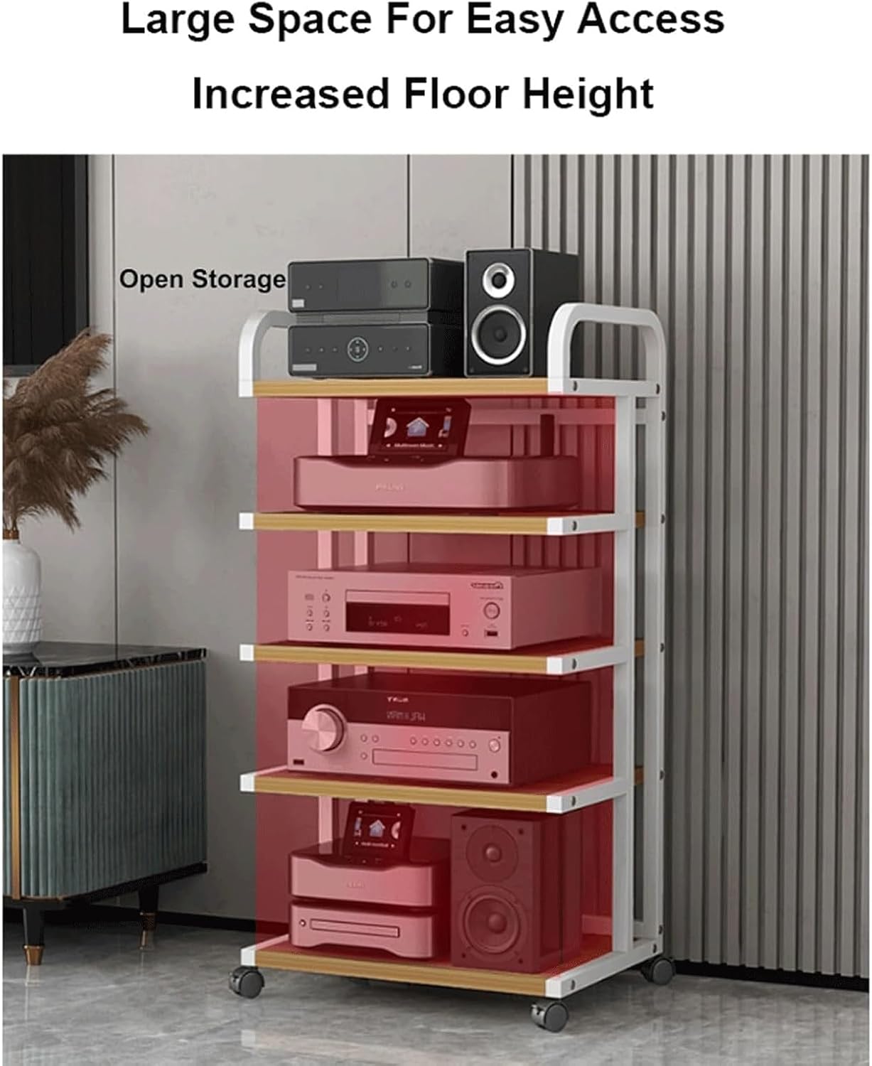 Audio Rack Movable Stereo Rack Audio Equipment Rack Audio with Wheels Stereo Shelf Wooden Open Audio-Video Shelving Waterproof(Natural,4 Tier)