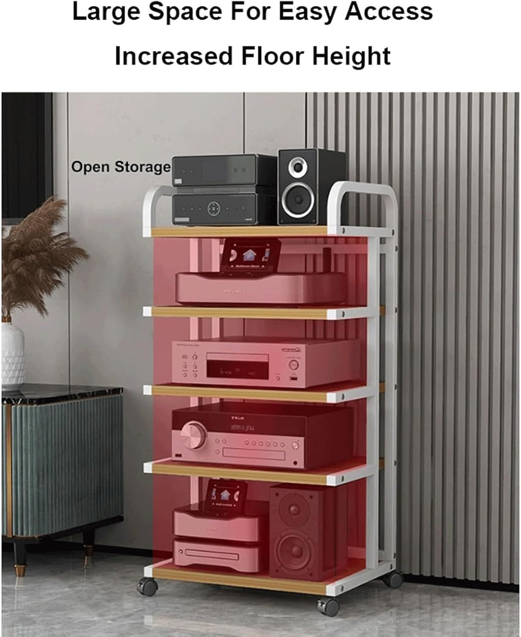 Audio Rack Movable Stereo Rack Audio Equipment Rack Audio with Wheels Stereo Shelf Wooden Open Audio-Video Shelving Waterproof(Natural,3 Tier)