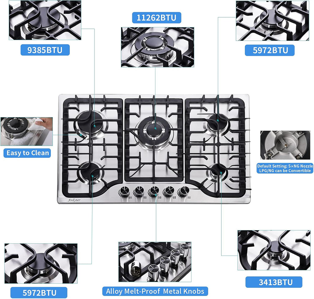 30 Inch Gas Cooktop, 5 Burners Built-in Gas Stove Top Stainless Steel, LPG/NG Convertible Gas Stove Dual Fuel Sealed Gas Hob