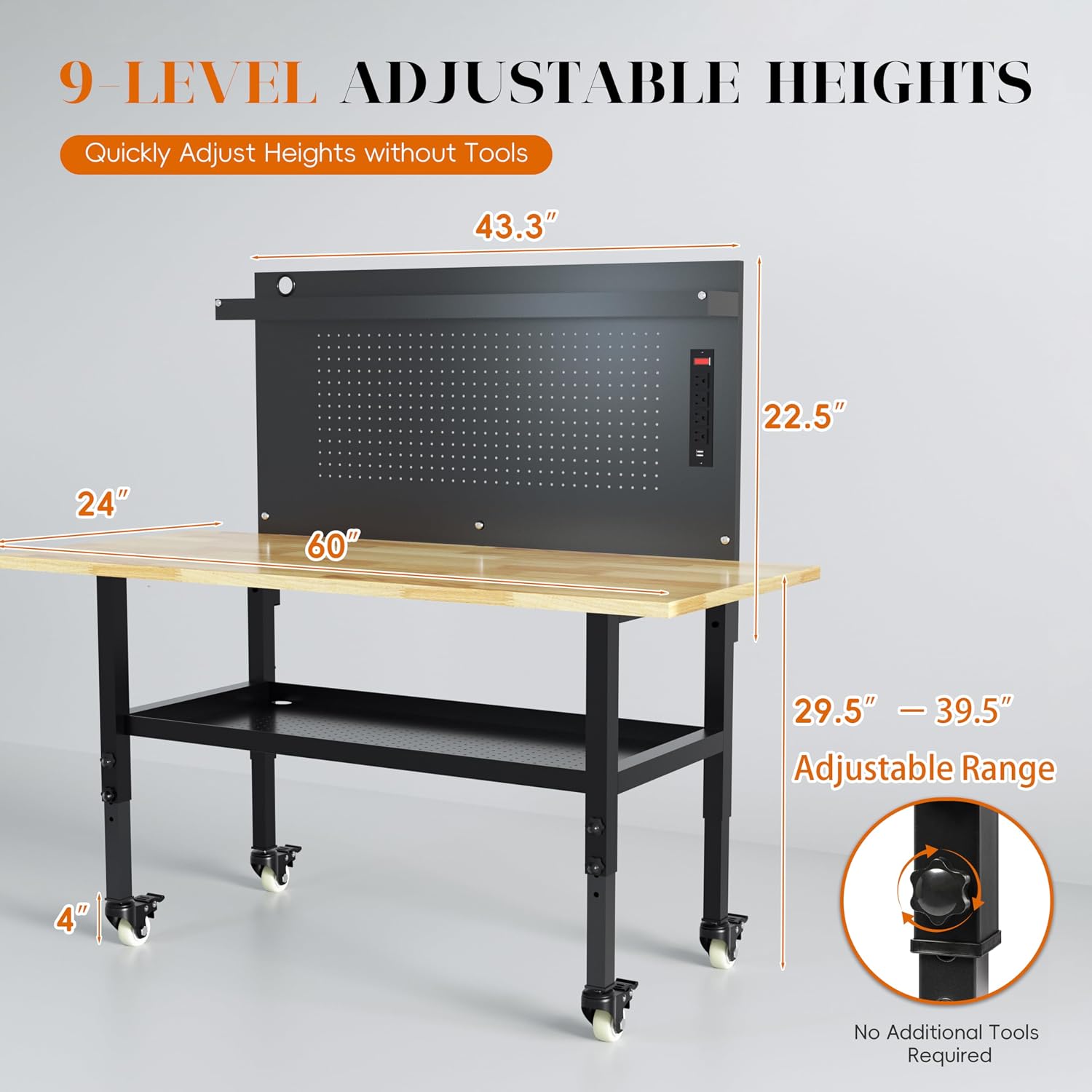 60' Heavy Duty Adjustable Workbench with Large Pegboard& Partition, Adjustable Work Table with Power Outlets & Lockable Wheels, Rubber Wood Workstation for Garage, Workshop, Office, Home, Commercial