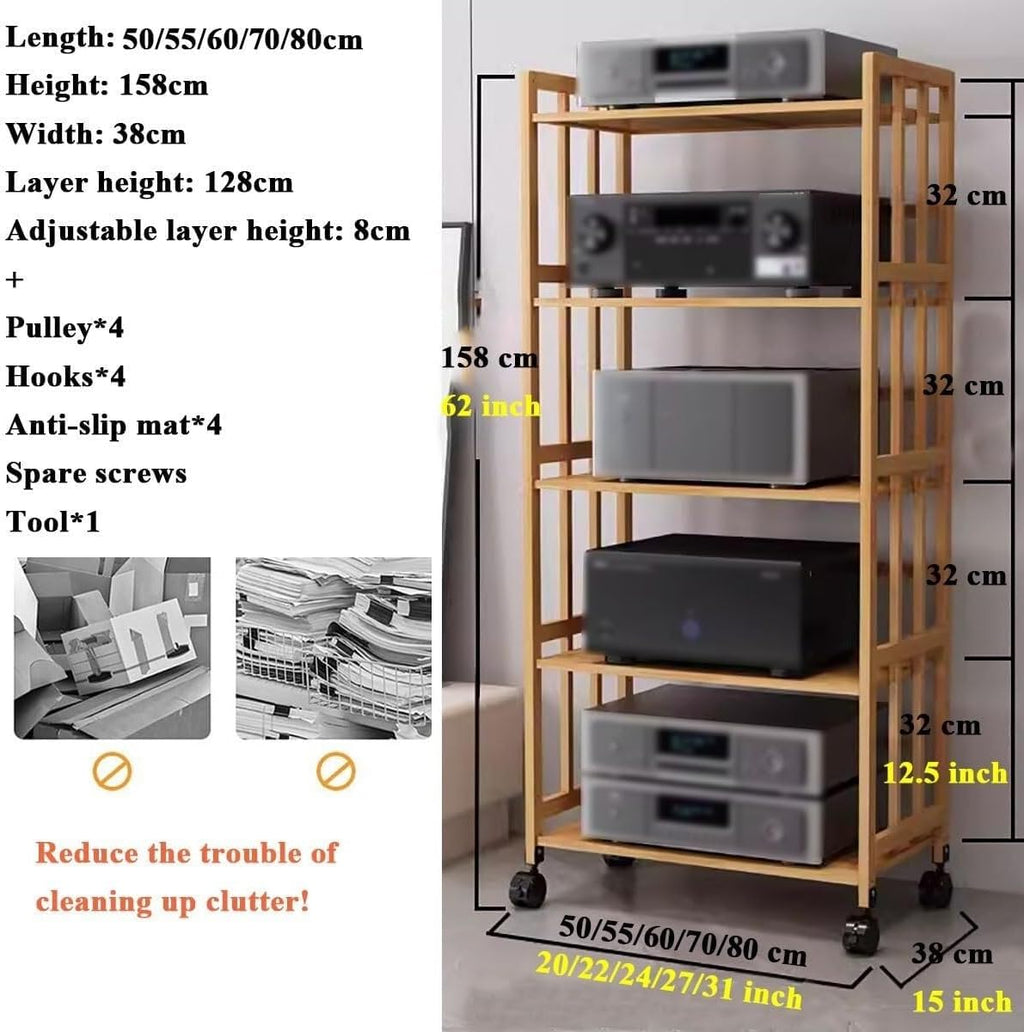 Audio Video Storage Tower, Movable Component Stand, Record Player Turntable Holder, Stereo Equipment Cabinet for Living Room/Office