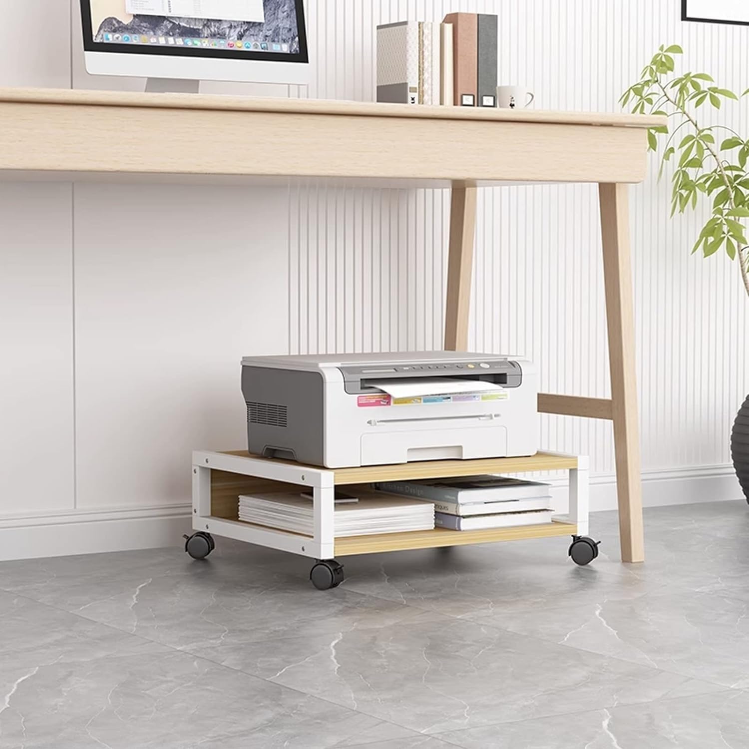 Printer Stand, 2 Tier Under Desk Printer Stand Small, Short Rolling Movable Printer Table with 4 Wheels and Locking Mechanism Office Print Stand for Mini 3D Printer Workspace Organizer