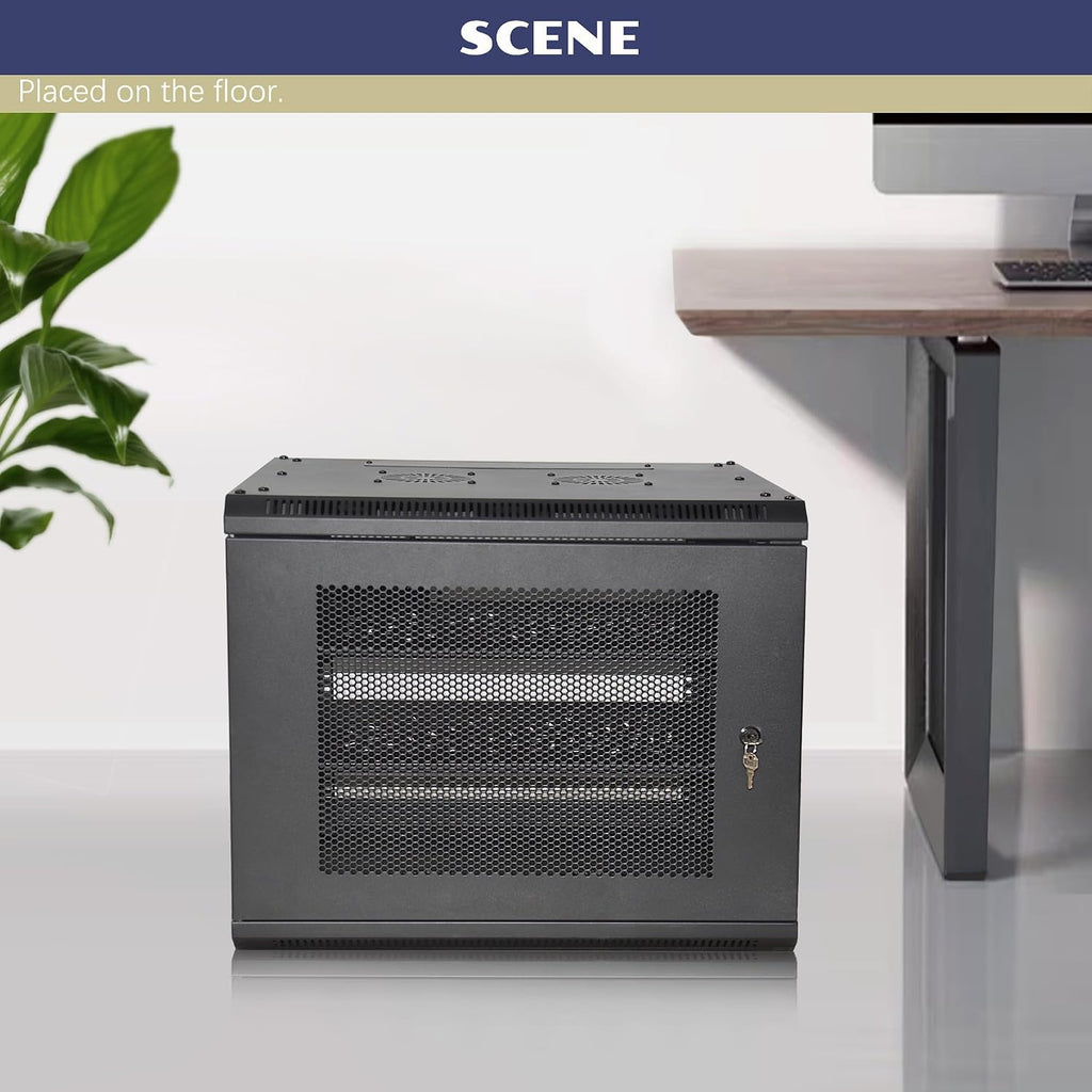 9U Wall Mount Server Cabinet with A Lockable Front Vented Door, Cooling Fans, Removable Side Panels - 60cm Depth, 19' Network Rack Including 2 PCS Full-Size Rack Shelves for IT Equipment