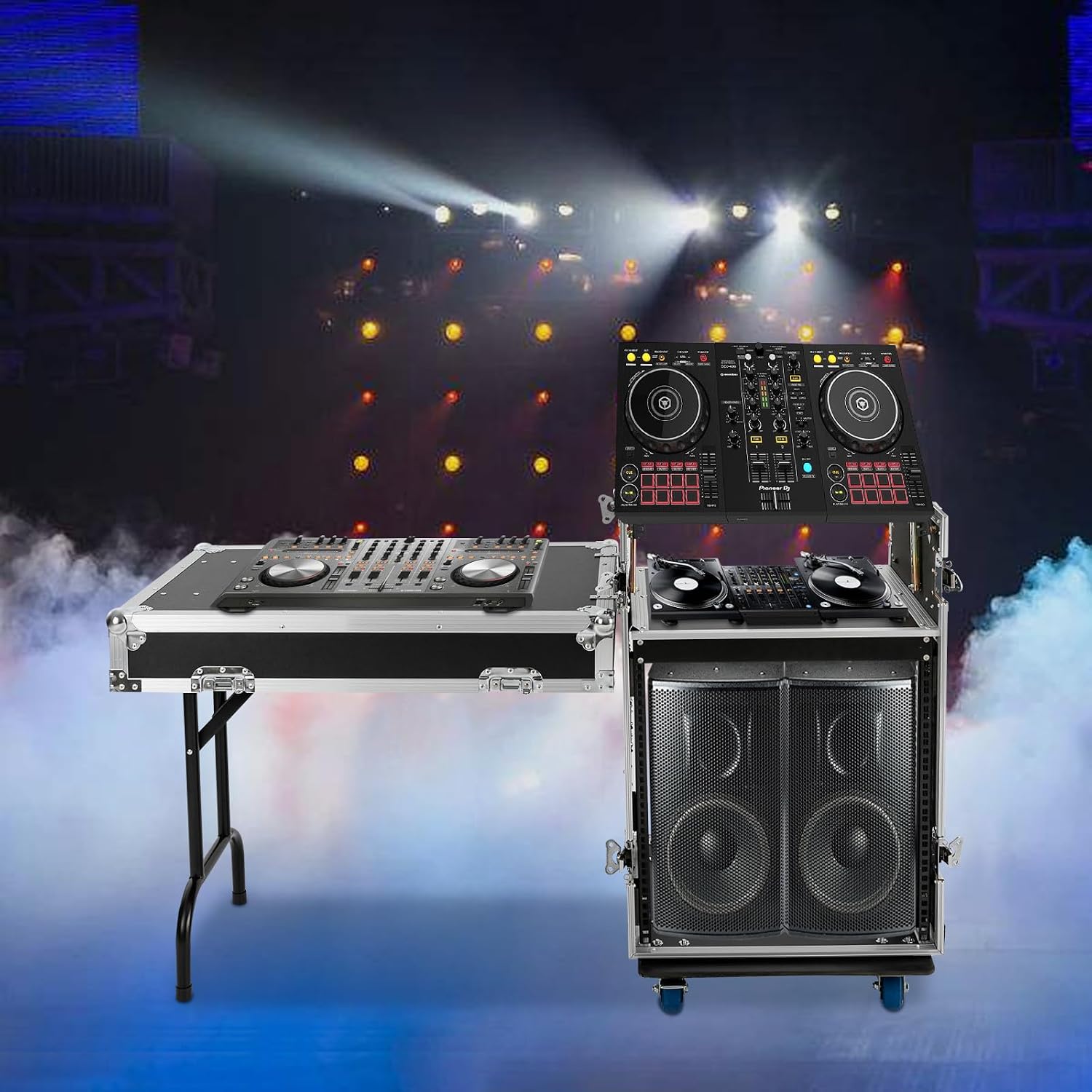 12U PA DJ Rack with DJ Table Tops, 661LBS Recording Studio Racks Audio Equipment Cabinet, Mobile Stereo Rack with Lockable Wheels for Studio/Wedding (12U)
