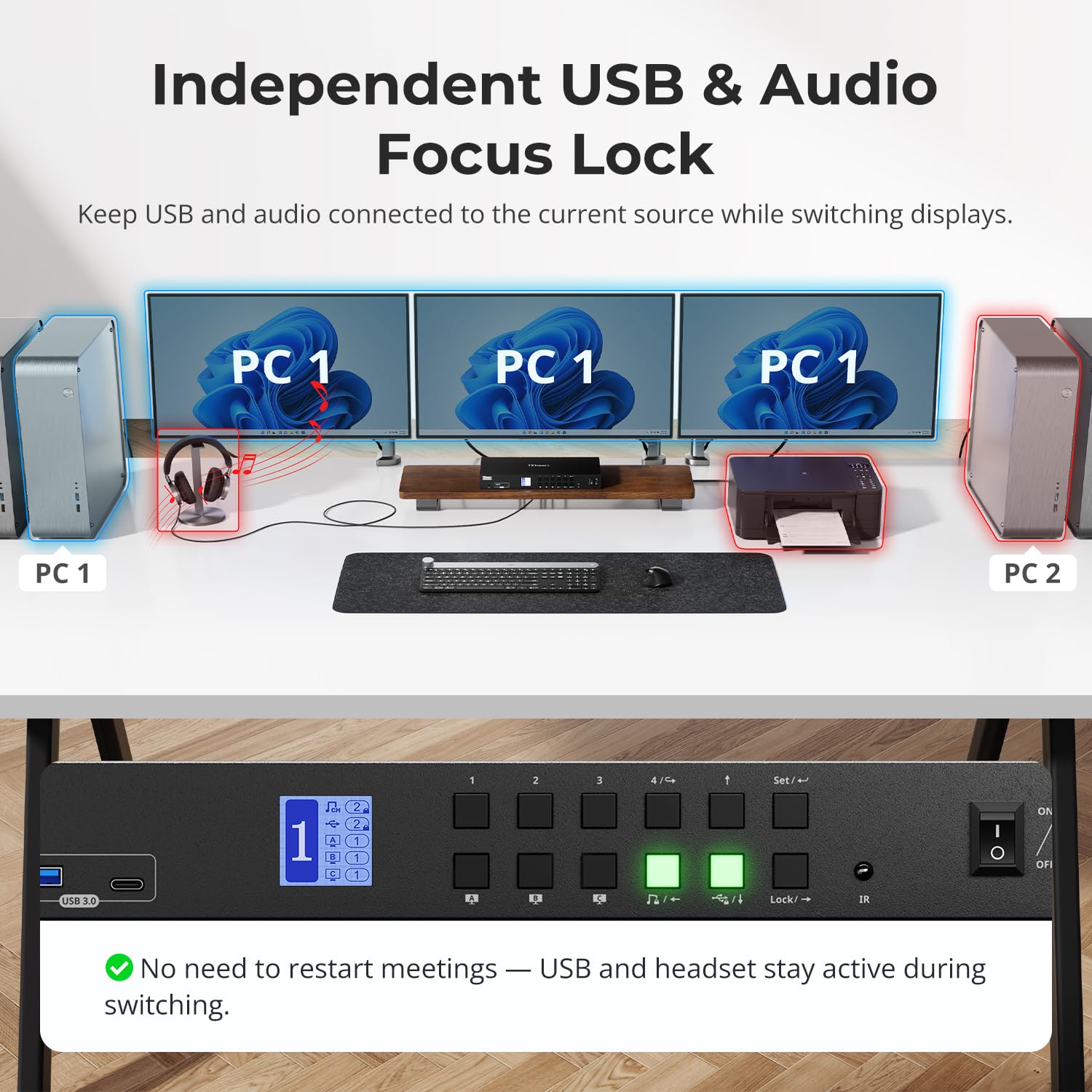 TESmart USB 3.0 KVM Switch 3 Monitors 4 Computers 4K@60Hz, HDMI+DP KVM Docking Station, EDID Emulators, 1G Ethernet, Hotkey Switch, 2K@144Hz for Gaming & Home Office, Audio & Mic with All Input Cables