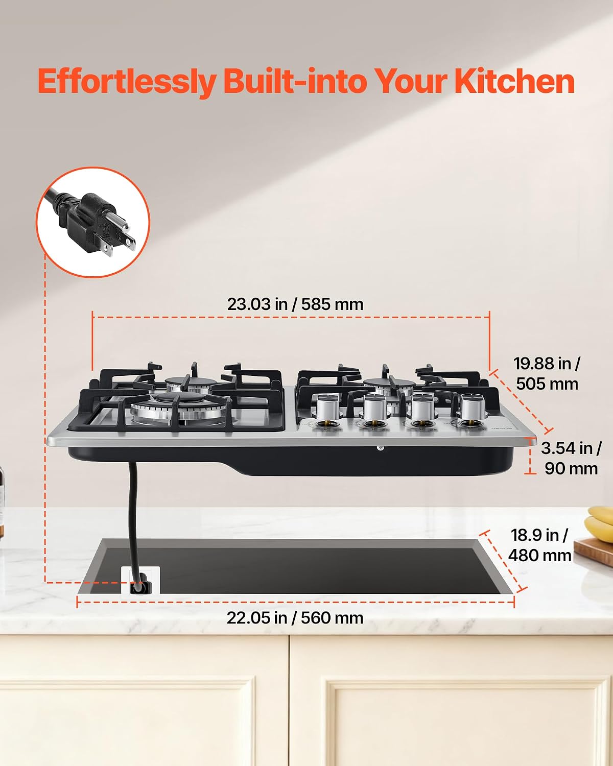 VEVOR 24 inch Gas Cooktop 4 Burners Gas Stove Top, Max 27000BTU Built-in Stainless Steel Stove Top LPG/NG Convertible Dual Fuel Cooktop Stoves with Thermocouple Protection for Kitchen Apartment Rvs