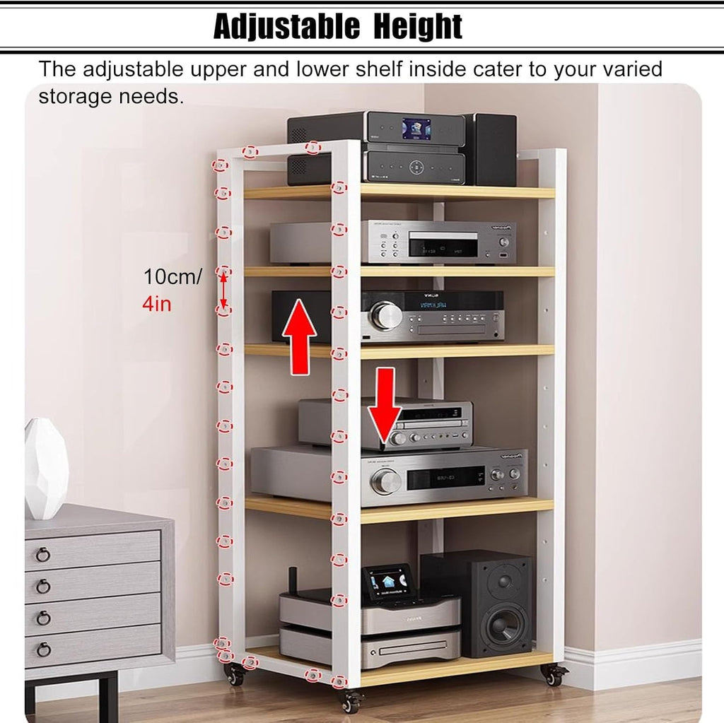 Heavy-Duty Audio Equipment Stand on Wheels, 4-Tier Black Storage Shelf for Home Media Organization, Mobile AV Rack, Durable Media Console for Entertainment Setup