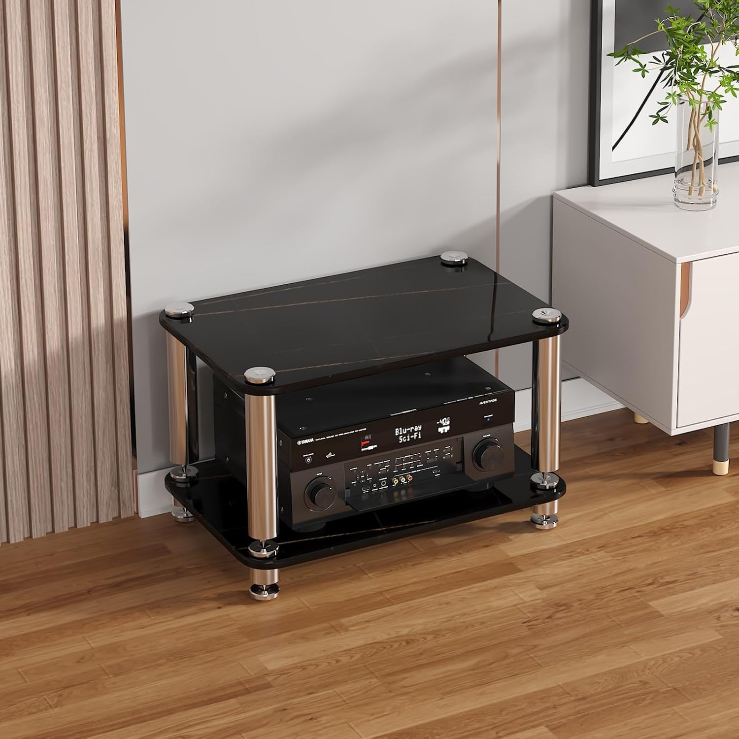 Audio Rack AV Media Stand with 1/2/3/4-Tier Tempered Glass Shelves, Storage Rack Audio Tower Equipment Console Shelf, for Home Office Theater(Black,38cm/15in)