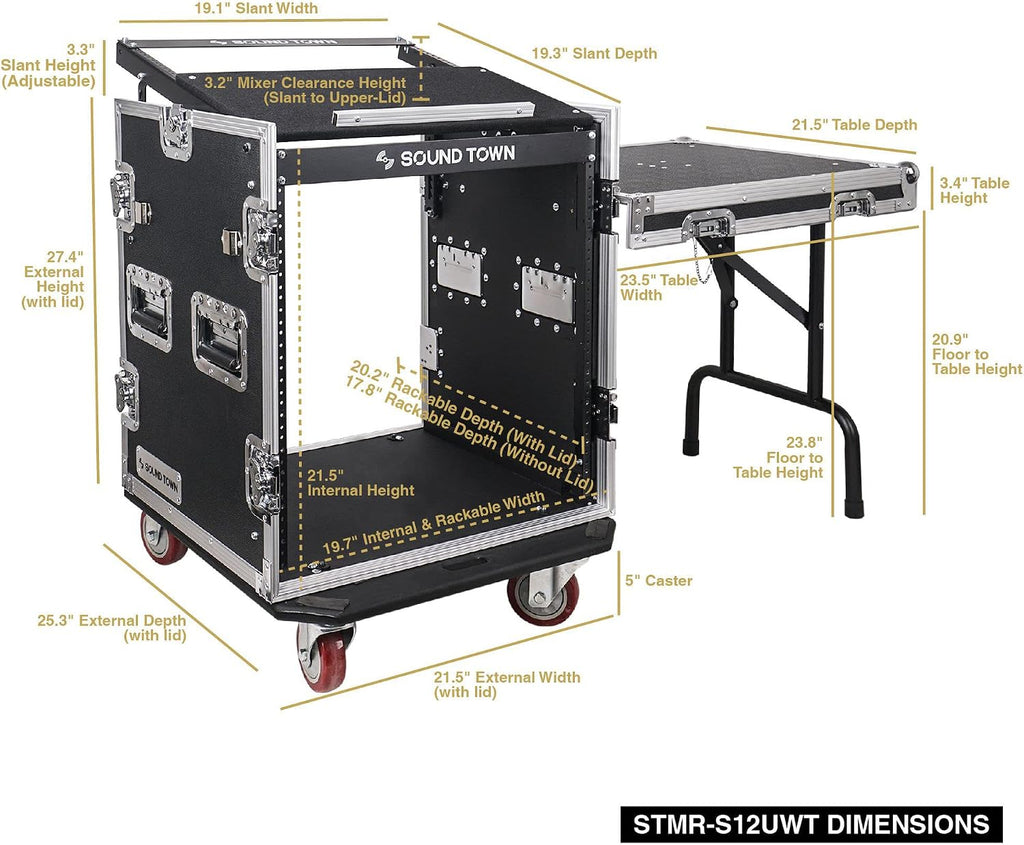 Sound Town Enhanced 1/2' (12mm) Plywood 12U PA DJ Rack/Road Case with 11U Slant Mixer Top, 20'' Rackable Depth, DJ Work Table and Casters, 12-Space ATA Case, Pro Tour Grade (STMR-S12UWT)