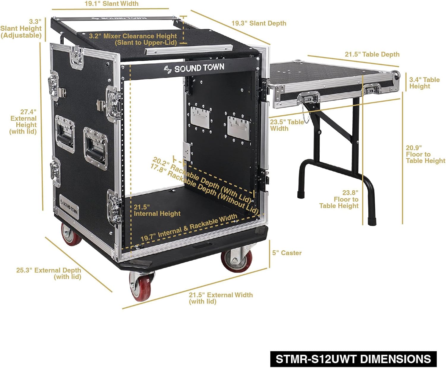 Sound Town Enhanced 1/2' (12mm) Plywood 12U PA DJ Rack/Road Case with 11U Slant Mixer Top, 20'' Rackable Depth, DJ Work Table and Casters, 12-Space ATA Case, Pro Tour Grade (STMR-S12UWT)
