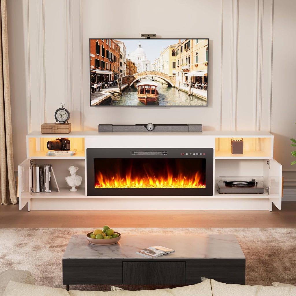 EAG 70 Inche Fireplace TV Stand for TVs up to 80 Inches with 36' Electric Fireplace, Modern Entertainment Center with Glass Shelves, LED Lights, Media TV Console for Living Room, White